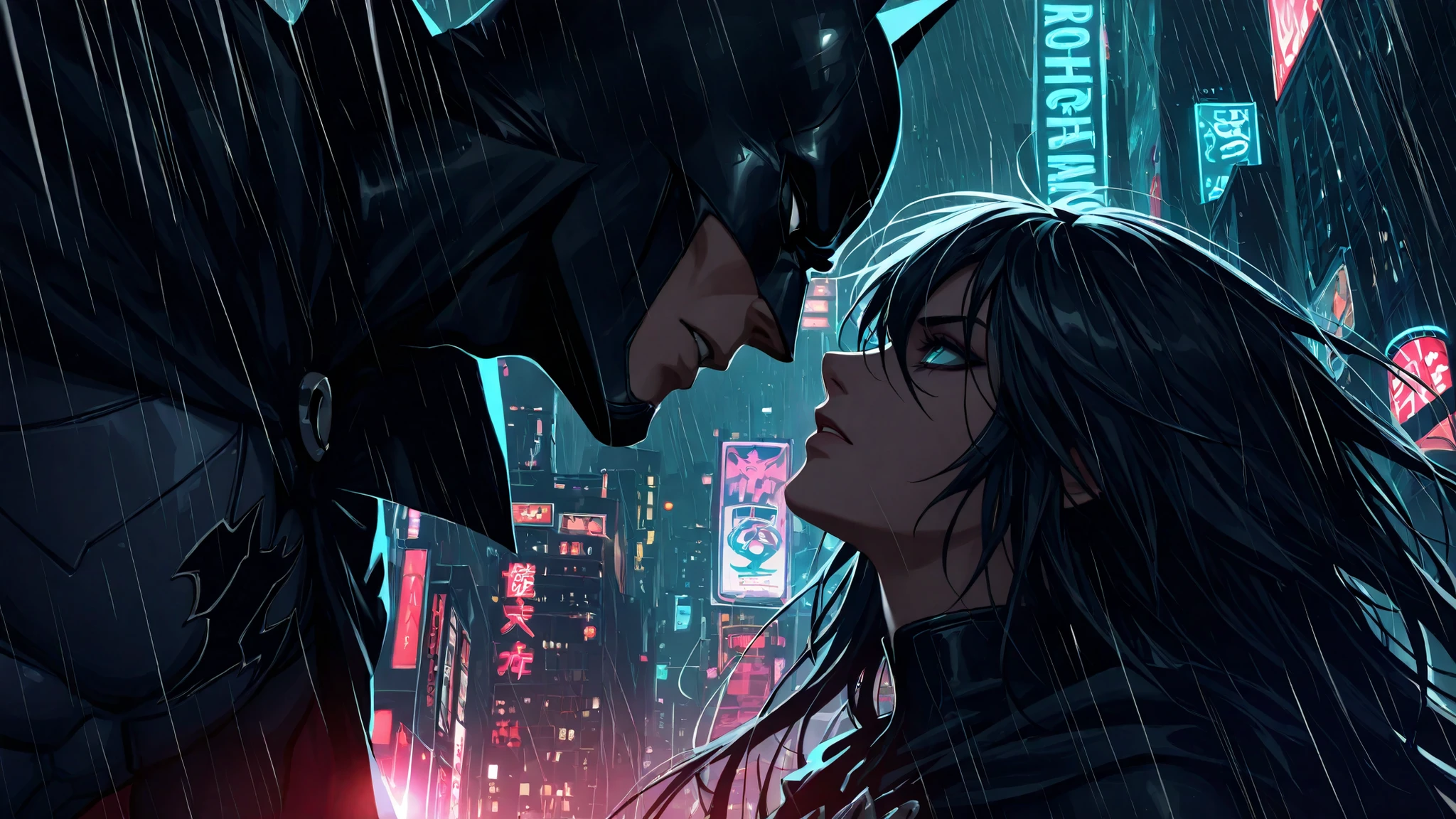 masterpiece, ultra highres, best quality, Spiderman 2099, Batman, face to face confrontation, midnight rooftop meeting, futuristic suit details, cape flowing, dramatic lighting, neon city lights background, cinematic composition, close-up shot, intense atmosphere, cyberpunk cityscape, sharp focus, color grading, high contrast, volumetric lighting, dramatic shadows, lens flare, detailed textures, rain puddles reflecting light, architectural details, modern gothic aesthetics