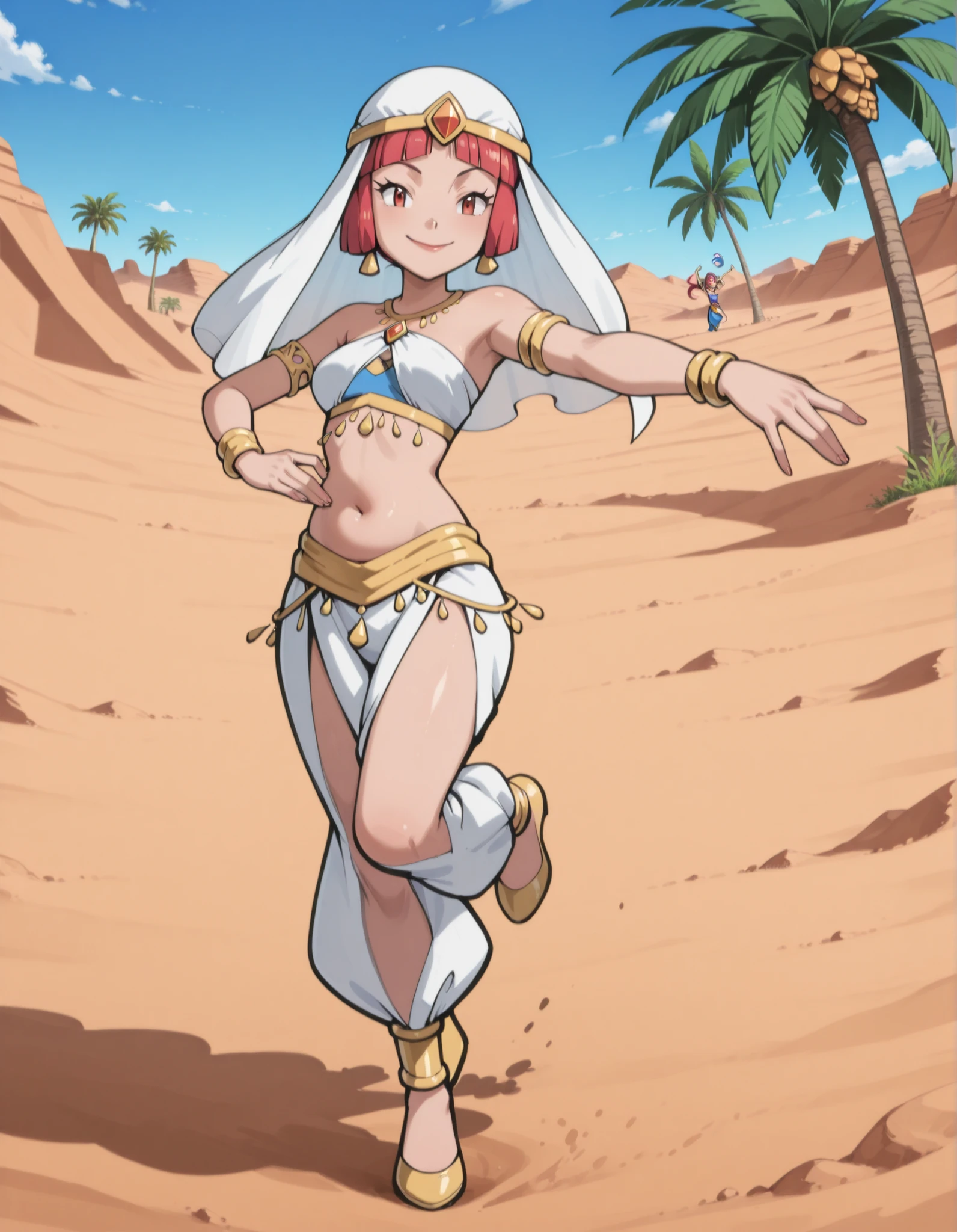 (1girl:1 . 5) , (Seul:1 . 5) , score_9 , score_8_haut , score_7_haut , source_anime , Official work , ultra-detailed , masterpiece , best quality selfie snapshot , high resolution , beaux yeux , detailed eyes , detailed face , beautiful detailed eyes ,Pokemon X&Y, Aria,Arabian Clothes , Arabian Dancer ,belly dancer costume ,full body,golden jewelery,armlet, belly dancing,desert lands,palm tree,seductive smile, dancing with veil, dynamic movement,dance posture, seductive pose