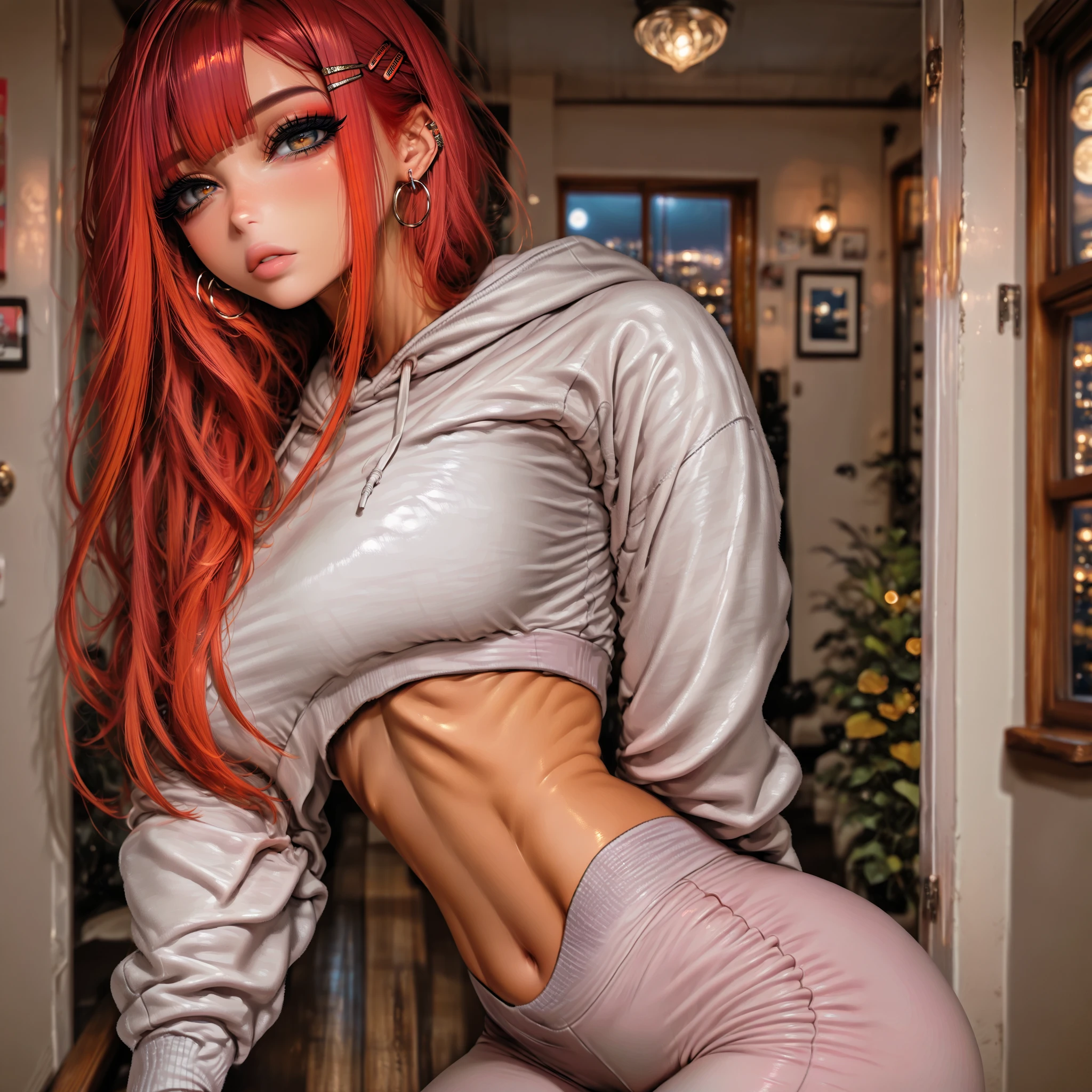 looking at viewer, toned stomach and curves showing, leaning against doorframe, moon in window, fancy living room, seductive lips parted, long hair, huge hazel eyes, huge eyelashes, red hair, eyeliner, white cropped hoodie, tight shiny bright pink leggings, skinny, looking over shoulder, 1girl, Solo, High Resolution, looking at viewer, Bangs, Masterpiece, High Resolution, Anatomically Correct, Detail, High Details, High Quality, Hoop Earrings, Jewelry, Hair Clip, Backlighting, Bloom, Cinematic Lighting, God Rays, score_9, score_8_up, score_7_up, bokeh, depth of field, ray tracing, cinematographic film image, medium firm breasts, dark eyeliner, shiny lips, full lips, hazel eyes