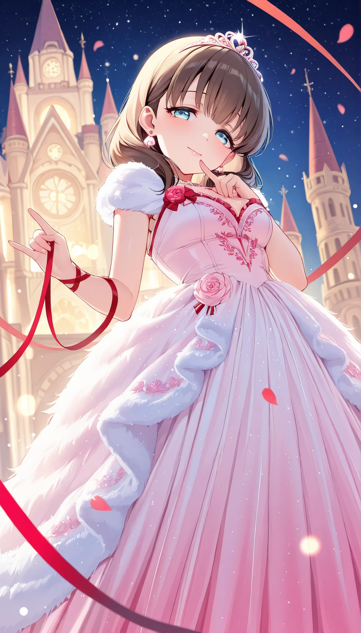 (Best Quality, super detailed, masterpiece, 8k, 16k, Wallpaper, Anatomically correct, fine detailed skin, fine detailed eyes, fine detailed hands, Accurate hands), beautiful night plain, starry sky, hight brightness, hight contrast, dazzlin light, 1 girl Standing against the backdrop of a (beautiful cinderella castle), (sakuma mayu), medium chest, pink lips, smile, pinky swear, (A red ribbon tied around her pinky finger:1.5), solo, looking at viewer, fantasy art, (light pink princess dress:1.5), (beautiful fluffy long dress with intricate and detailed embroidery:1.4), lots of frills and lace clothes, shiny glossy gradient iridescent clothes, princess tiara, earrings, hair ornaments, (beautiful long eyelashes), flower petals, Colorful light particles, detailed background, Depth of Field, bokeh, moya, lens flare, film reflections, a fantastic atmosphere, neon_silhouette