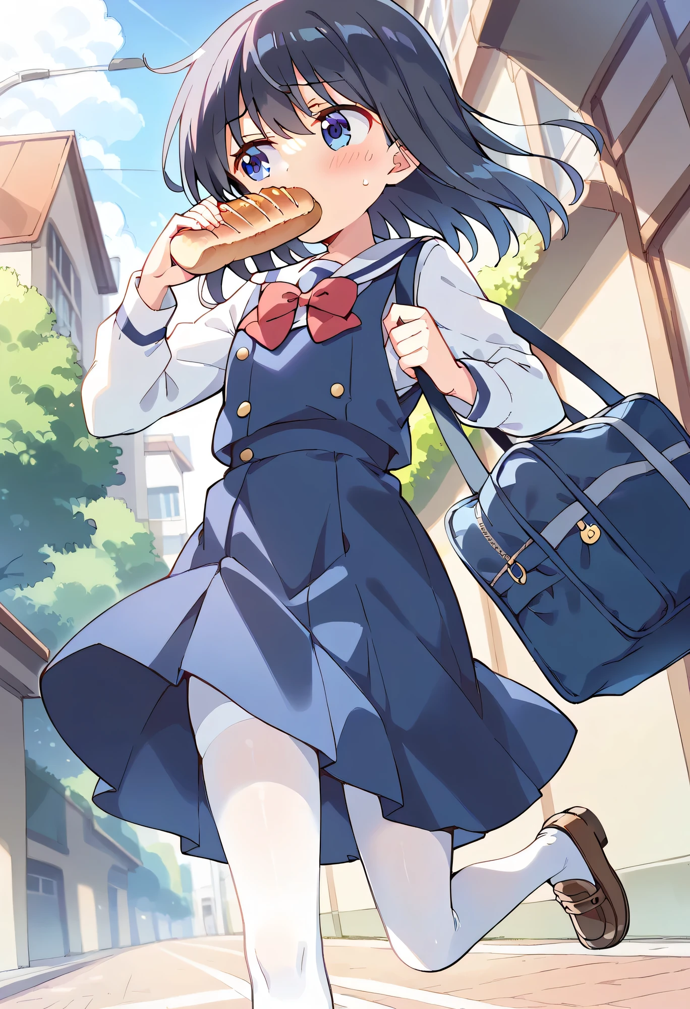 score_9, score_8_up, score_7_up, source_anime, masterpiece, 1girl, watahana, ((A high school girl running)), ((Holding a piece of sliced bread in her mouth, Holding with mouth)), blue dress, sailor dress, pinafore dress, white sailor collar, white shirt, red bowtie, long sleeves, flat chest, white pantyhose, loafers, White socks, whole body, looking at away, shiny black hair, cute running, outdoor, School route, ((She is going to be late for school, Like a primary school students)), (Her skirt is about to fully open up, wide skirt), cute, blush, sweat, ((looking at away)), (She is holding her school bag in her hand), (viewer from diagonally below in front:1.25), 