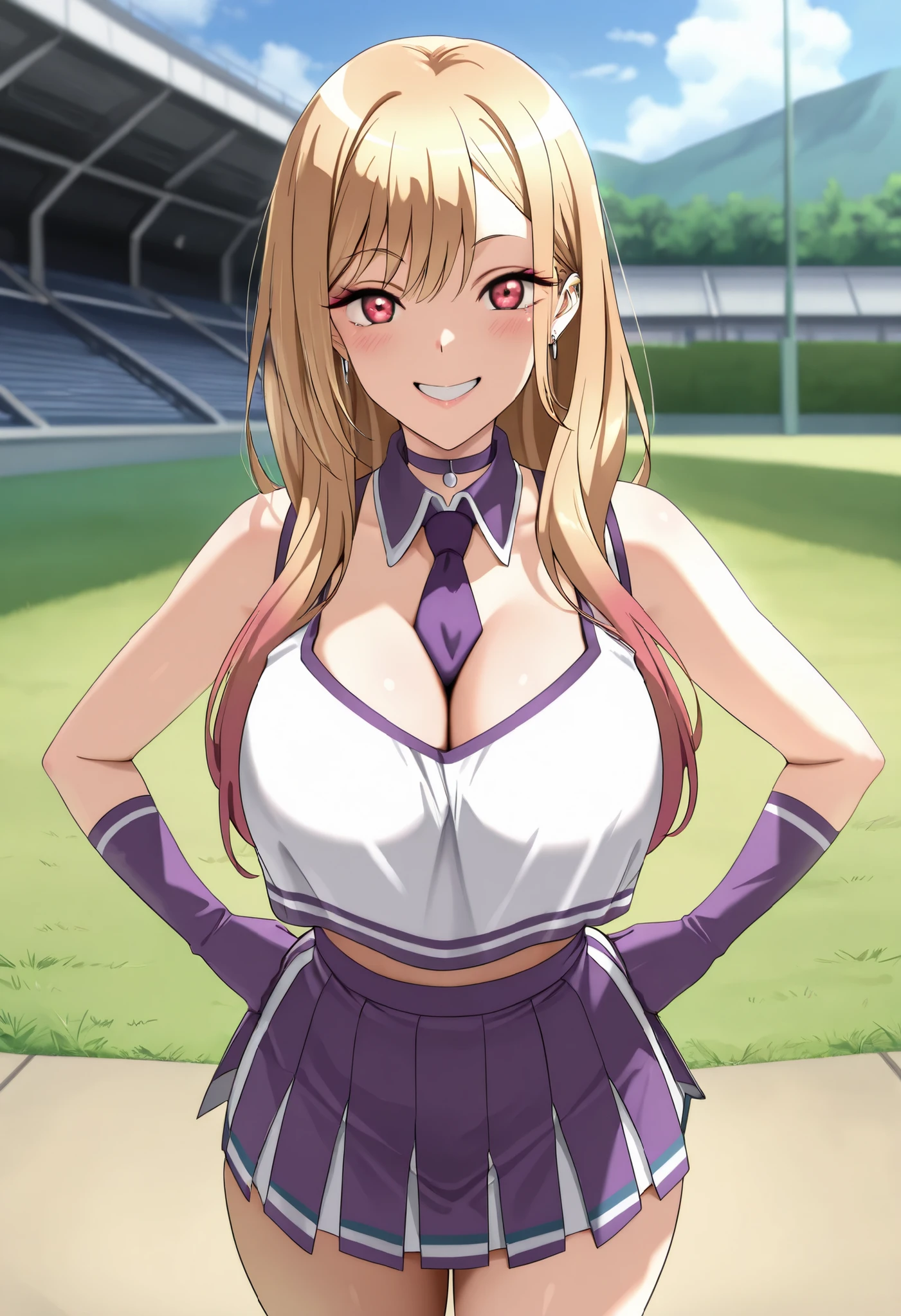 (best quality, masterpiece, ultra detailed, high resolution), Beautiful , tall, score_9, anime style, Masterpiece, best quality, 1girl, purple necktie, marin kitagawa, kitagawa marin, long hair, bangs, blonde hair, red eyes, multicolored hair, mature, ,, , ,, purple choker, detached collar, cleavage, thick thighs, look at viewer, smiling,  shoulders, purple gloves, , purple necktie, purple pom-pom, two-tone shirt , white shirt , cheerleader costume, cheerleader , , midriff, crop top,shirt tucked in, oudoors, lawn background, grass, parted lips, hands on , 