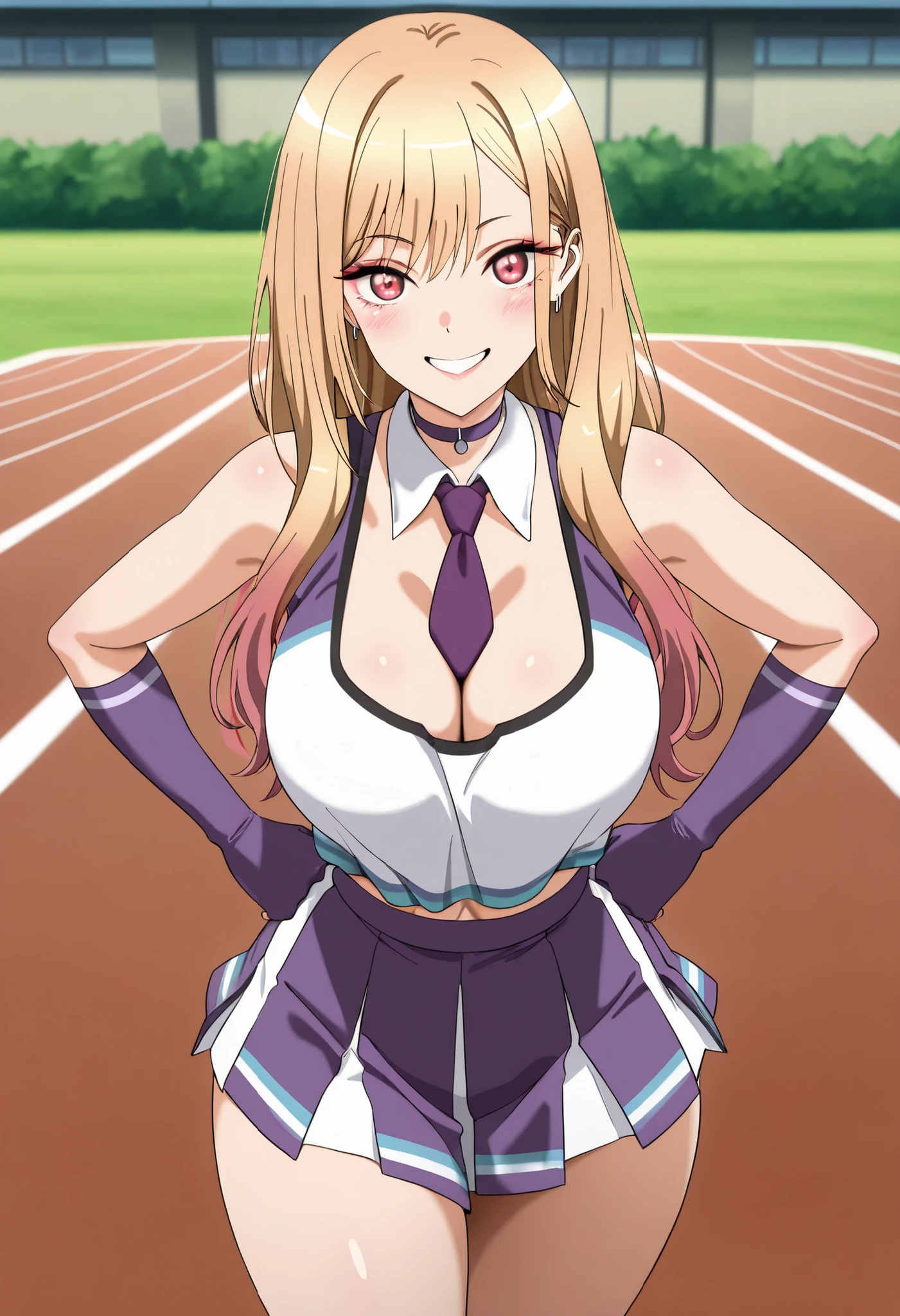 (best quality, masterpiece, ultra detailed, high resolution), Beautiful , tall, score_9, anime style, Masterpiece, best quality, 1girl, purple necktie, marin kitagawa, kitagawa marin, long hair, bangs, blonde hair, red eyes, multicolored hair, mature, ,, , ,, purple choker, detached collar, cleavage, thick thighs, look at viewer, smiling,  shoulders, purple gloves, , purple necktie, purple pom-pom, two-tone shirt , white shirt , cheerleader costume, cheerleader , , midriff, crop top,shirt tucked in, oudoors, lawn background, grass, parted lips, hands on , 
