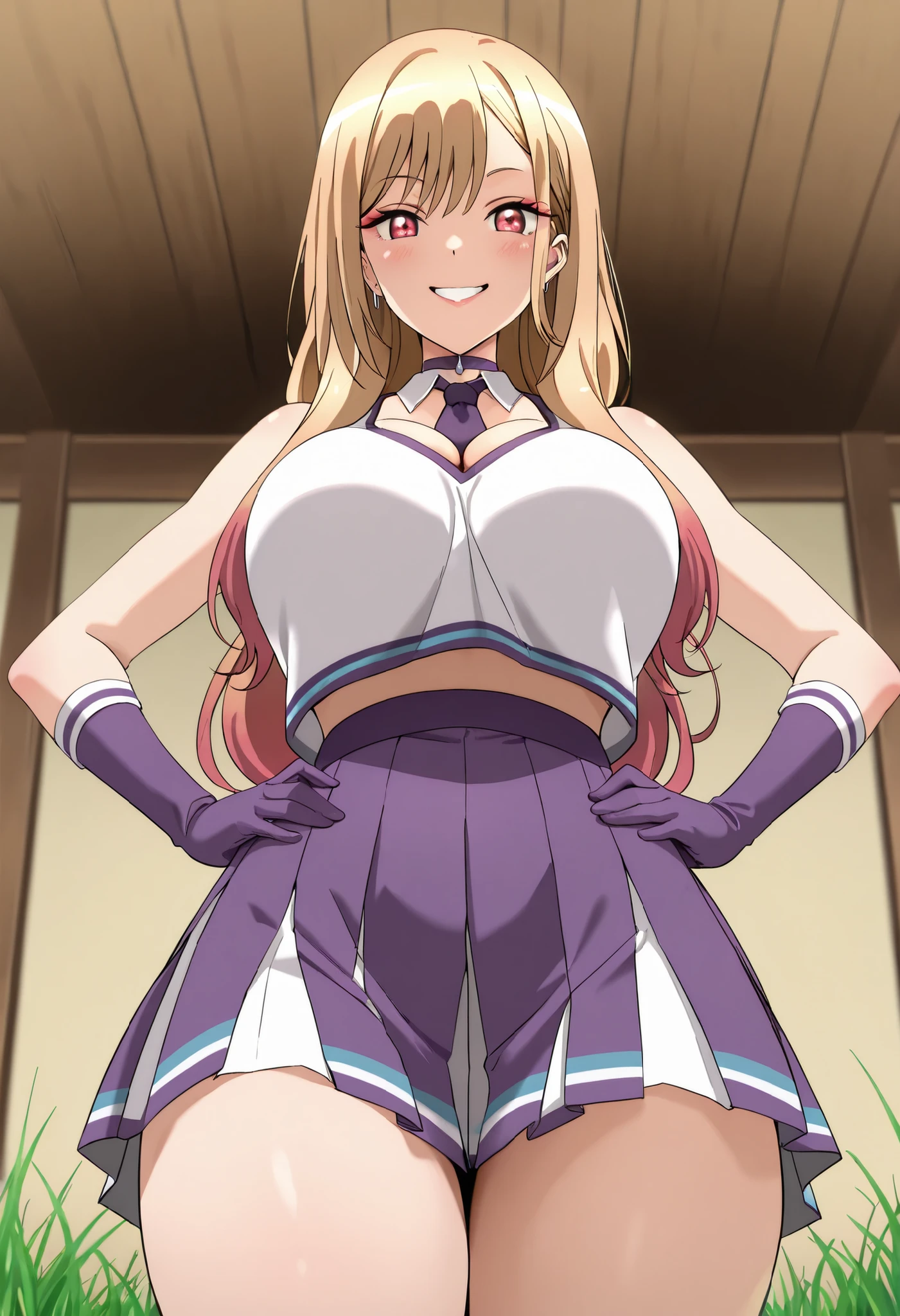 (best quality, masterpiece, ultra detailed, high resolution), Beautiful , tall, score_9, anime style, Masterpiece, best quality, 1girl, purple necktie, marin kitagawa, kitagawa marin, long hair, bangs, blonde hair, red eyes, multicolored hair, mature, ,, , ,, purple choker, detached collar, cleavage, thick thighs, look at viewer, smiling,  shoulders, purple gloves, , purple necktie, purple pom-pom, two-tone shirt , white shirt , cheerleader costume, cheerleader , , midriff, crop top,shirt tucked in, oudoors, lawn background, grass, parted lips, hands on , from below,
