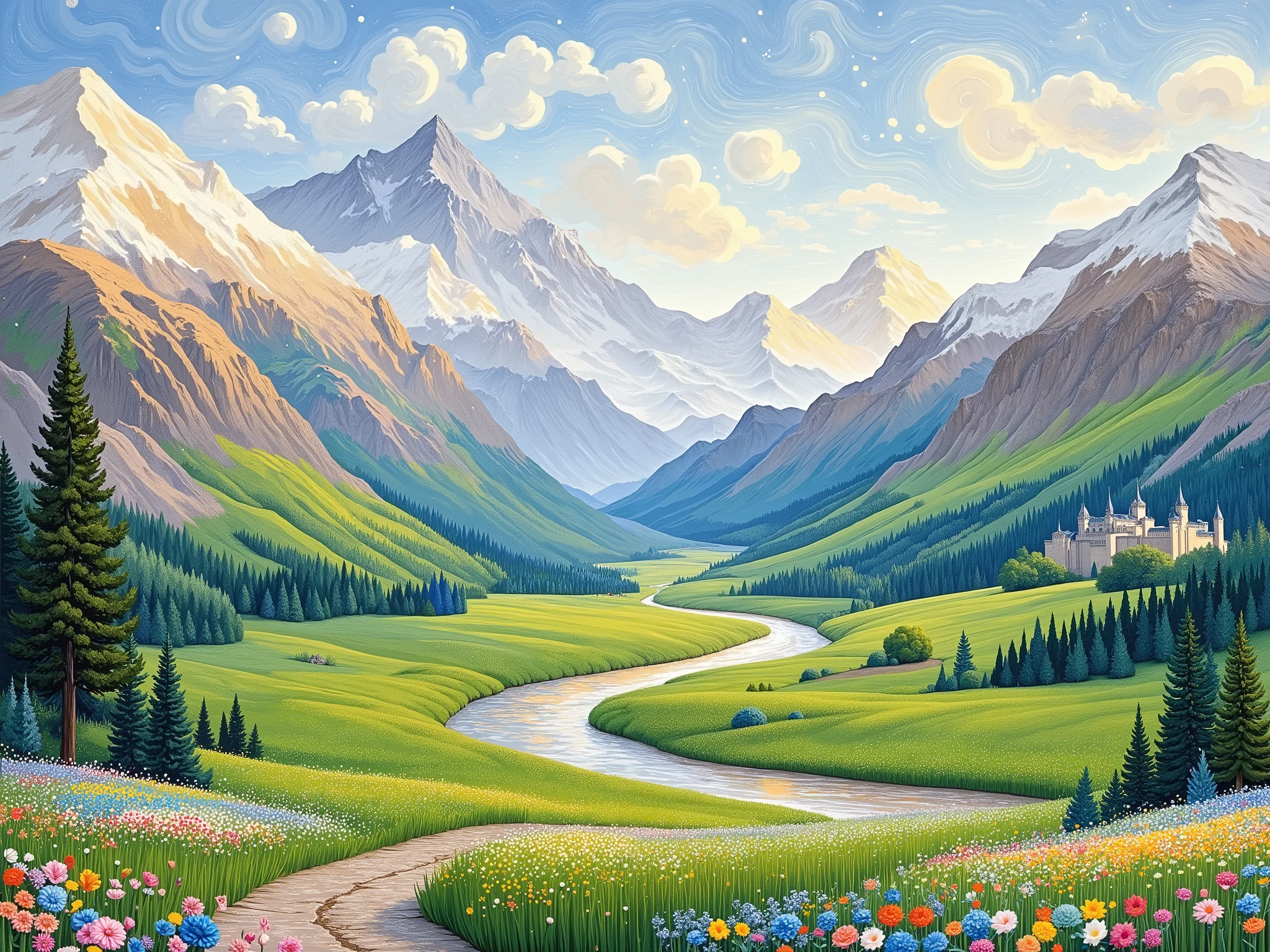 A landscape painting depicts a valley nestled between snow-capped mountains. A winding river meanders through the valley, flowing from the mid-ground to the foreground. The valley floor is covered with lush green meadows and dotted with small, white wildflowers. Deciduous trees and evergreens are scattered throughout the landscape, adding depth and texture. The mountains are rendered in soft, pastel shades of light beige, gray, and white, with hints of yellow highlighting the peaks. The light appears diffused and soft, casting a serene and tranquil atmosphere. The colors are muted and harmonious, creating a sense of peace and tranquility. The perspective is from a high vantage point, overlooking the valley. The overall style of the painting is reminiscent of a gentle watercolor or oil painting, with a focus on natural beauty and soft transitions of color. The composition is balanced, with the mountains filling the upper portion of the image, and the meadows and river taking up the mid- and foreground. The image exudes a sense of calm and serenity.