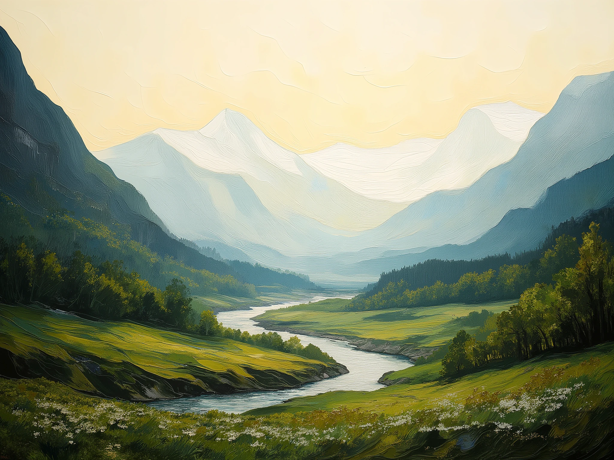 A landscape painting depicts a valley nestled between snow-capped mountains.  A winding river meanders through the valley, flowing from the mid-ground to the foreground.  The valley floor is covered with lush green meadows and dotted with small, white wildflowers.  Deciduous trees and evergreens are scattered throughout the landscape, adding depth and texture.  The mountains are rendered in soft, pastel shades of light beige, gray, and white, with hints of yellow highlighting the peaks.  The light appears diffused and soft, casting a serene and tranquil atmosphere.  The colors are muted and harmonious, creating a sense of peace and tranquility. The perspective is from a high vantage point, overlooking the valley.  The overall style of the painting is reminiscent of a gentle watercolor or oil painting, with a focus on natural beauty and soft transitions of color.  The composition is balanced, with the mountains filling the upper portion of the image, and the meadows and river taking up the mid- and foreground.  The image exudes a sense of calm and serenity.