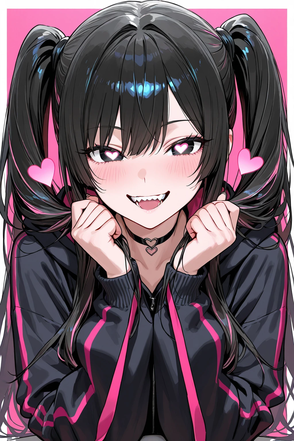 best quality, expressive eyes, perfect face, black hair, long twintails, straight bangs, pink eyes, smirking expression, pink hoodie, black thigh highs, pink lips, black , big breasts, adult, evil, any pose, sexy pose, low angle 
