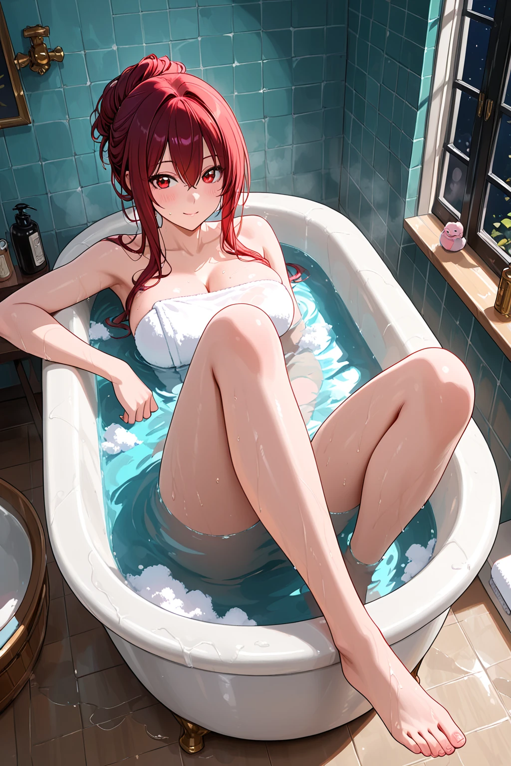 Young girl, red hair, ponytail, white eyes, blind, in a bath, great bath, smiling, , seductive smile, lokking at viewerr, iluminated bathroom, blue walls in bathroom, 4k, masterpiece