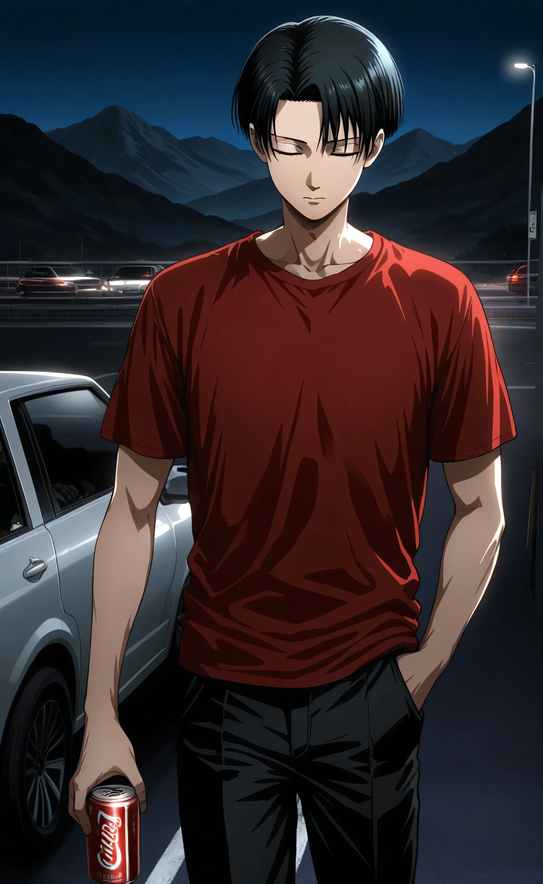1Male,solo,Levi Ackerman,black hair,short hair,bang,closed eyes,grim,red t-shirt,black pants,holding a 1cocacola can,1hand in pocket,car parking,mountain,night,Initial D