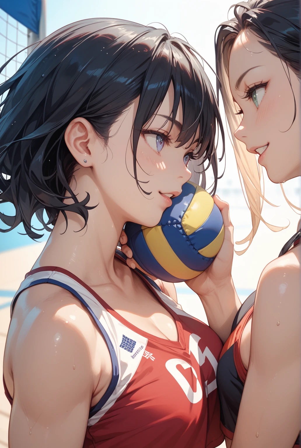unity 8k wallpaper, anatomically correct, (((masterpiece))), (((best quality))), (((ultra detailed))), (((high-resolution))), ((super fine illustration)), detailed beautiful face, BREAK, ((2girls)), ((couple)), cheek-to-cheek, ((yuri)), 18 years old, ((potbelly)), (), , ((Thick thighs)), shiny hair, ((evil smile)), (((smirk))), ((blush)), BREAK, (((sports bikini))), swim wear, (beach volleyball uniform), ((wrist bands)), ((kneepads)), two female beach volleyball players, BREAK, ((hold the Beautiful spherical shape 6” volleyball)), stylish pose, ((sweat)), (perspired), (heavy breathing), sense of depth, ((in beach volleyball court)), from below, ((looking at viewers)), cowboy shot, couple focus