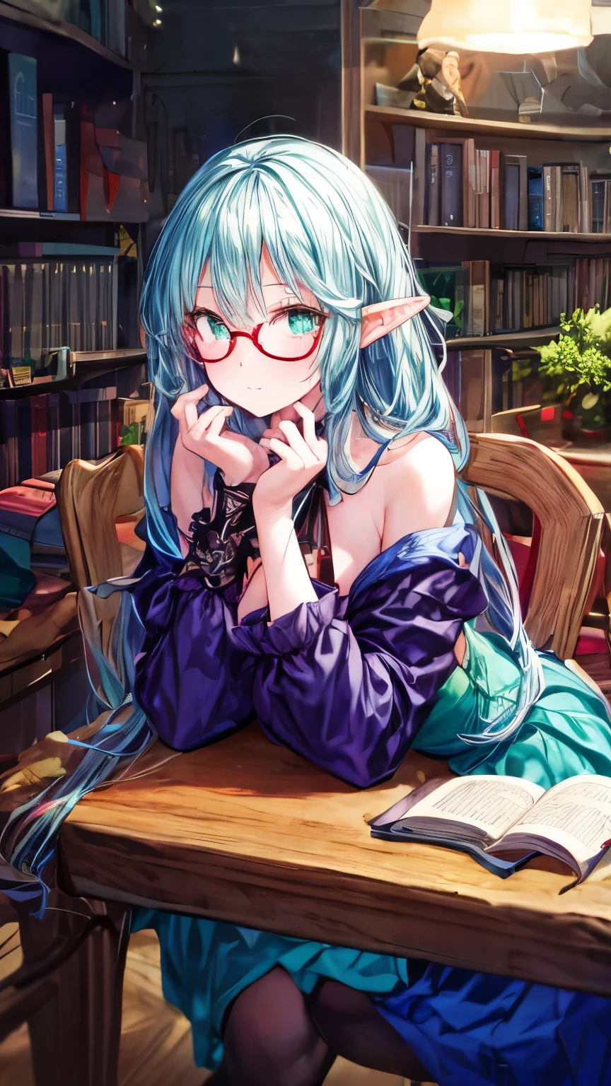 Young girl with long pointed elven ears, glowing sapphire blue hair, glowing emerald green eyes, wearing an amber yellow blouse with see-through sleeves and a ruby red corset, and a amethyst violet long skirt that extends down to her ankles, wearing large black rounded eyeglasses, laying down on a desk table surrounded by shelves of books in a library, dark lighting