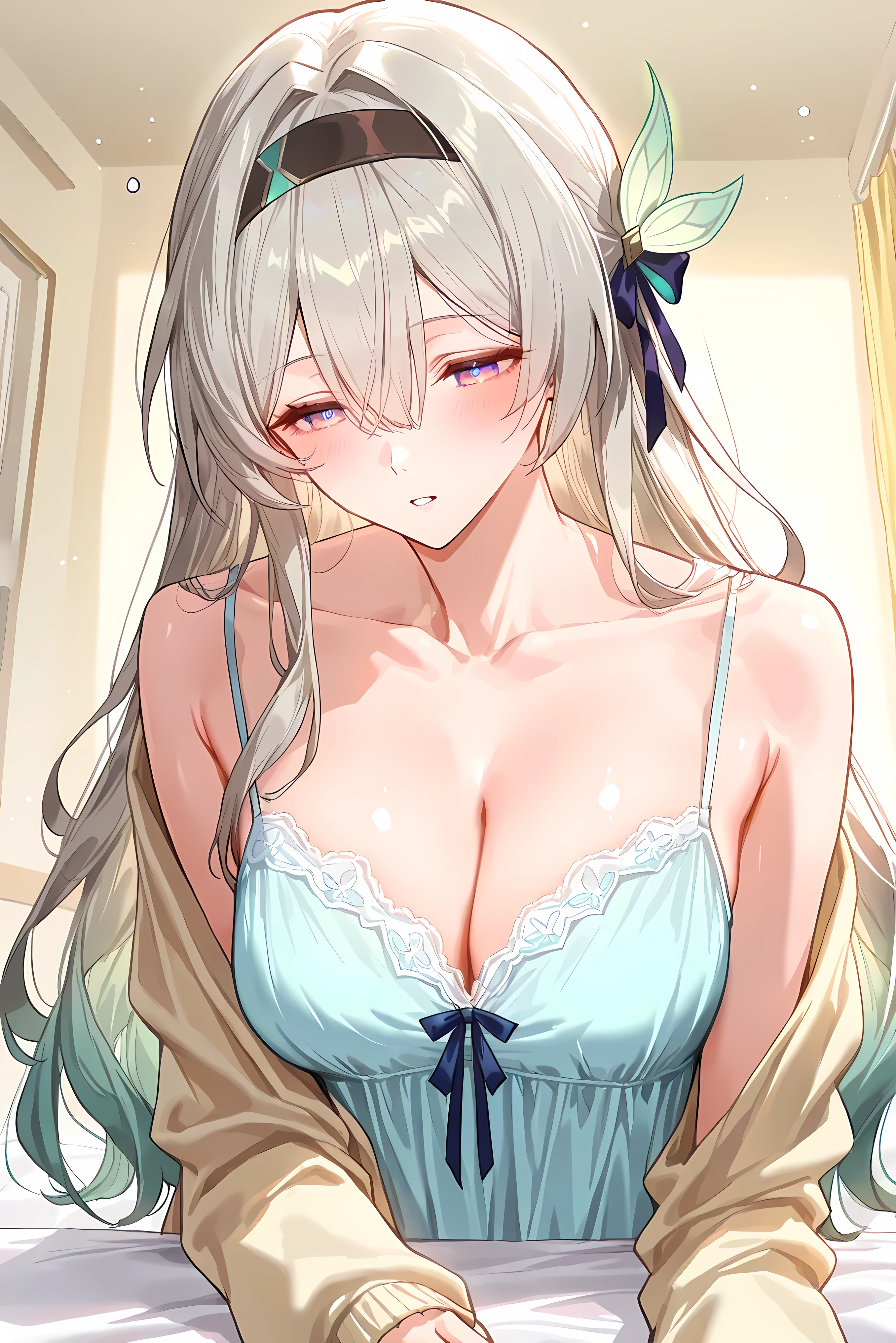 score_9, score_8_up, score_7_up, masterpiece, best quality, very aesthetic, absurdres, tunning image, attractive image, 1girl, adult grown woman, solo, firefly \(honkai: star rail\), purple eyes, grey hair, hair between eyes, very long hair, hair intakes, hairband, two-tone eyes, multicolored eyes, medium breasts, ero404, noona, alternate costume, sleeping outfit, soft silk nightgown with glowing accents, gentle pastel colors with firefly-like sparkles, loose cardigan draped lightly, delicate ribbons and lace trim, dreamy aura with bioluminescent glow, soft flowing fabric resembling night air