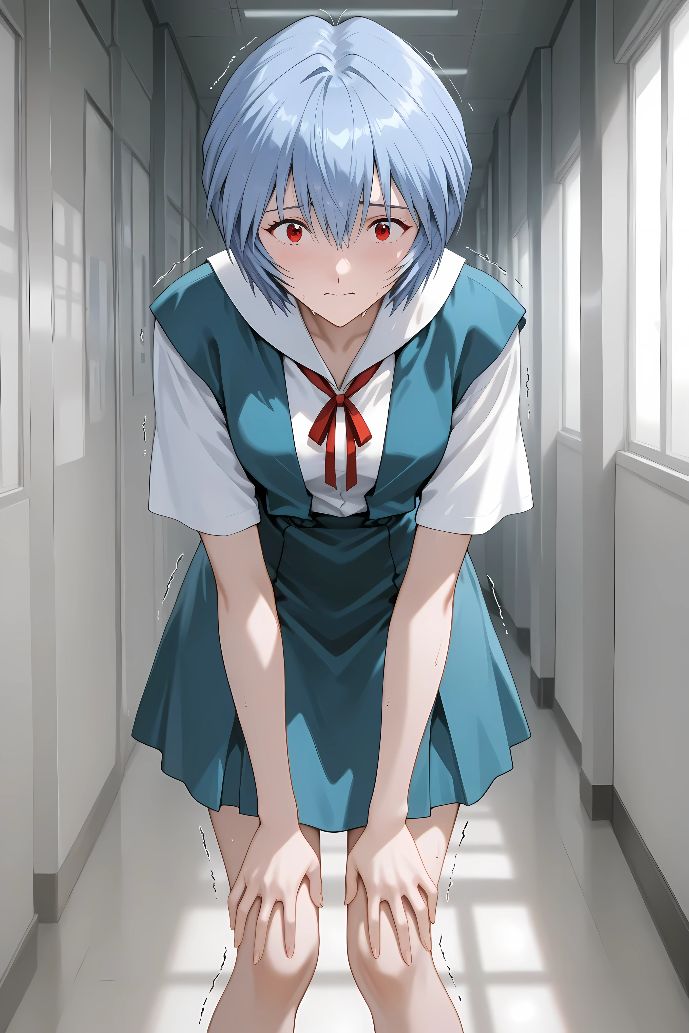 rei ayanami, ayanami rei, blue hair, short hair, red eyes,,skirt, shirt, ribbon, school uniform, white shirt, short sleeves, red ribbon, neck ribbon, tokyo-3 middle school uniform,,Solo, general, masterpiece, highres, ultra-detailed, hyper-detailed, best quality, amazing quality, very aesthetic, best hands, best eyes, best hand
adult woman, 1woman, hand on own stomach, sweat, leaning forward, nervous, scared, trembling legs, white facility hallway, steel hallway