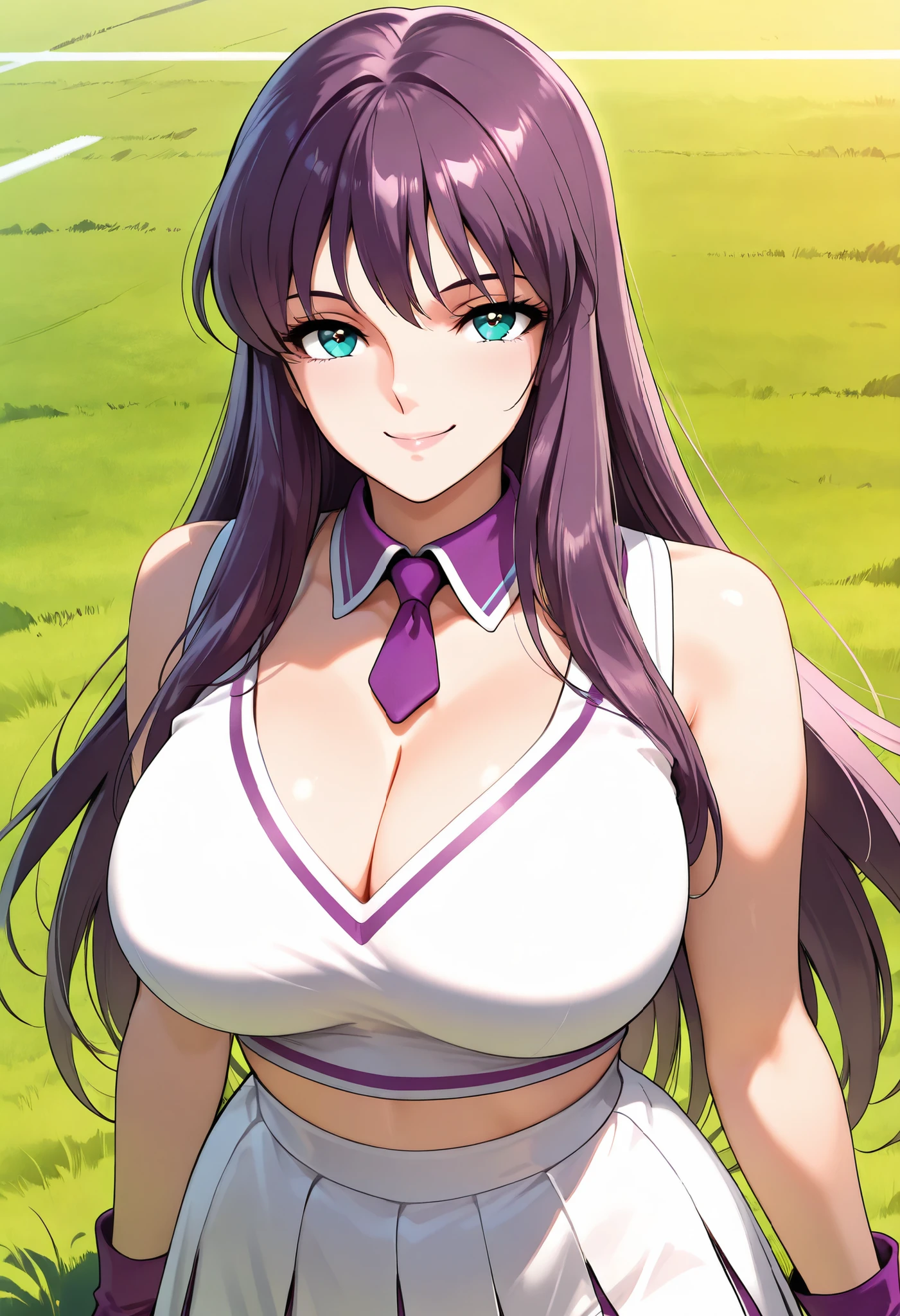 (best quality, masterpiece, ultra detailed, high resolution), Beautiful , tall, score_9, anime style, Masterpiece, best quality, 1girl, purple necktie, solo, Saori kido, athenakido, purple hair, long hair, aqua eyes, bangs, mature female, , ,, , ,, purple choker, detached collar, cleavage, thick thighs, look at viewer, smiling, shoulders, purple gloves, , purple necktie, purple pom-pom, two-tone shirt , white shirt , cheerleader costume, cheerleader , , midriff, shirt tucked in, crop top, oudoors, lawn background, grass,