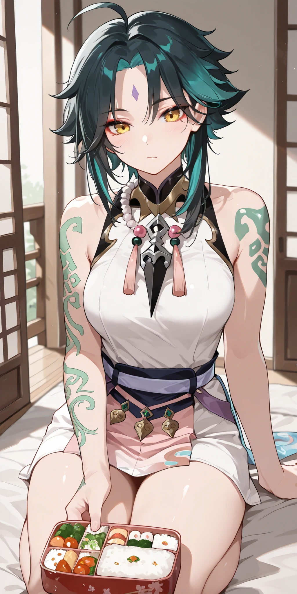 (masterpiece, best quality:1.2), 1girl, solo, bento, xiao,multicolor hair,black hair,green hair,ahoge,yellow eyes,bangs,facial mark,forehead mark,tattoo,arm tattoo,