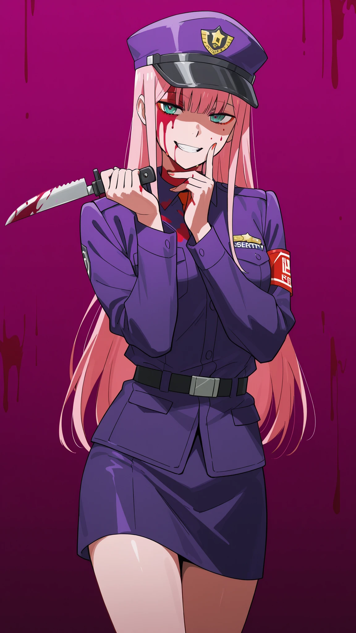 Waifu zero two,  is left in a sensual pose, wearing Five Night at Freddy's security guard uniform,  uniform purple, with a bloody knife , pizzeria with blood stains on his face and neck, At Five Night Ar's Freddy's