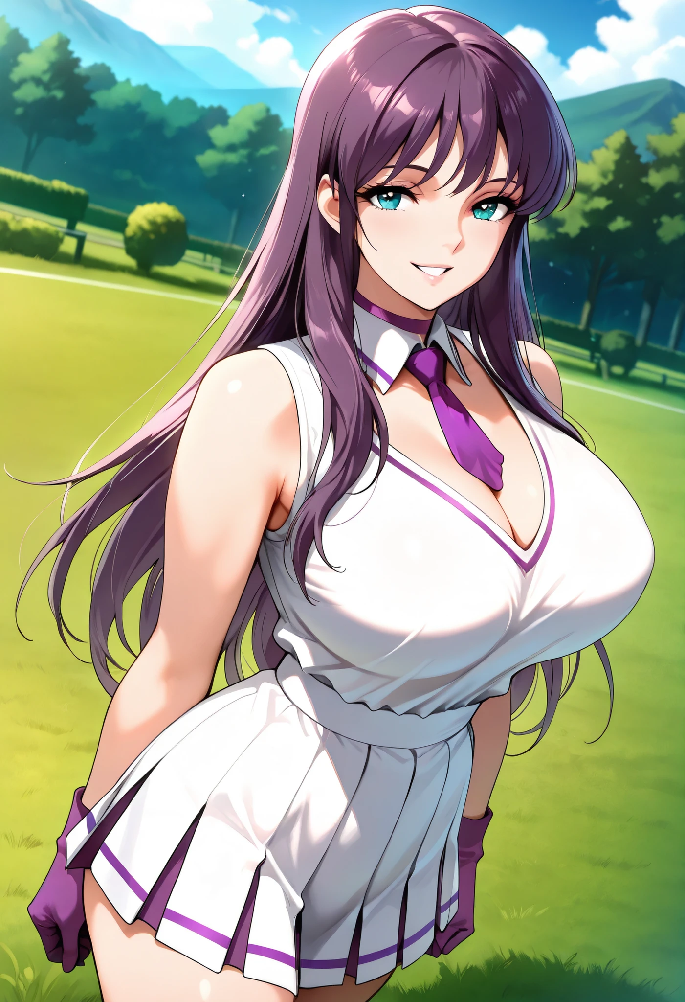 (best quality, masterpiece, ultra detailed, high resolution), Beautiful , tall, score_9, anime style, Masterpiece, best quality, 1girl, purple necktie, solo, Saori kido, athenakido, purple hair, long hair, aqua eyes, bangs, mature female, , breasts,, , ,, purple choker, detached collar, cleavage, thick thighs, look at viewer, smiling, bare shoulders, purple gloves, , purple necktie, purple pom-pom, two-tone shirt , white shirt , cheerleader costume, cheerleader , Big breasts, midriff, shirt tucked in, crop top, oudoors, lawn background, grass, parted lips, dutch angle,