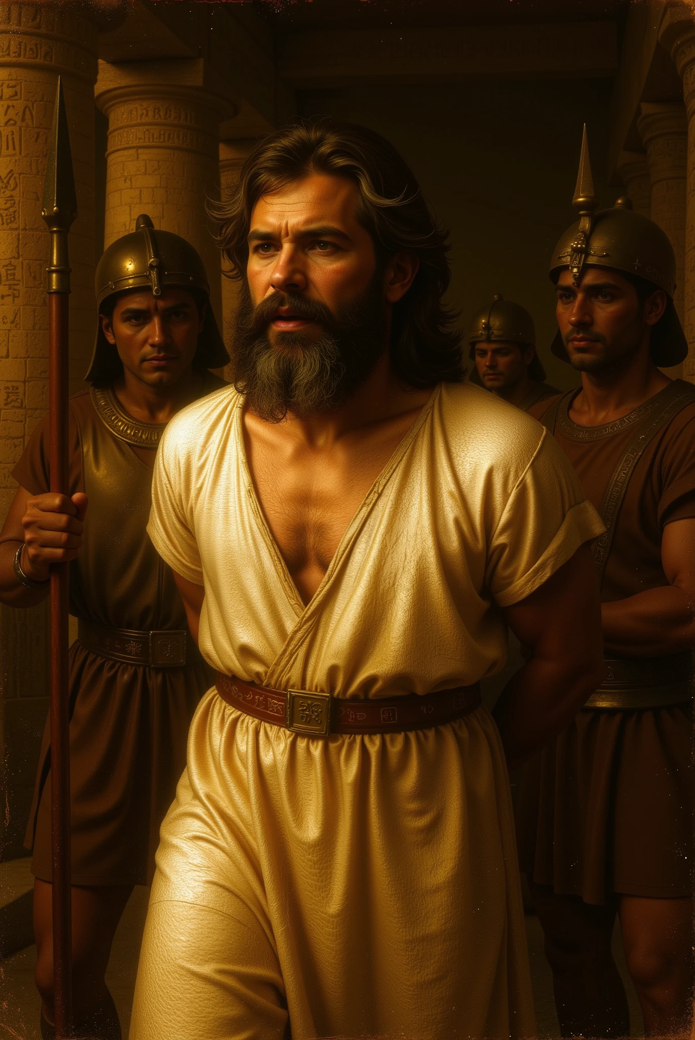 Create a realistic image with mythological and Egyptian elements. The scene shows Frásio, the seer from Cyprus, being led by Egyptian soldiers toward a sacrificial altar. Frásio is a middle-aged man with gray hair and a contemplative expression, wearing a simple linen tunic and holding a small staff inscribed with symbols. His posture is calm but resigned. The Egyptian soldiers escort him with ceremonial spears and ornate helmets, dressed in traditional armor and robes. In the background, the Temple of Busiris looms with towering columns covered in hieroglyphs, lit torches casting flickering shadows across the stone floor. The sky is blood-red, and the atmosphere is tense and sacred.