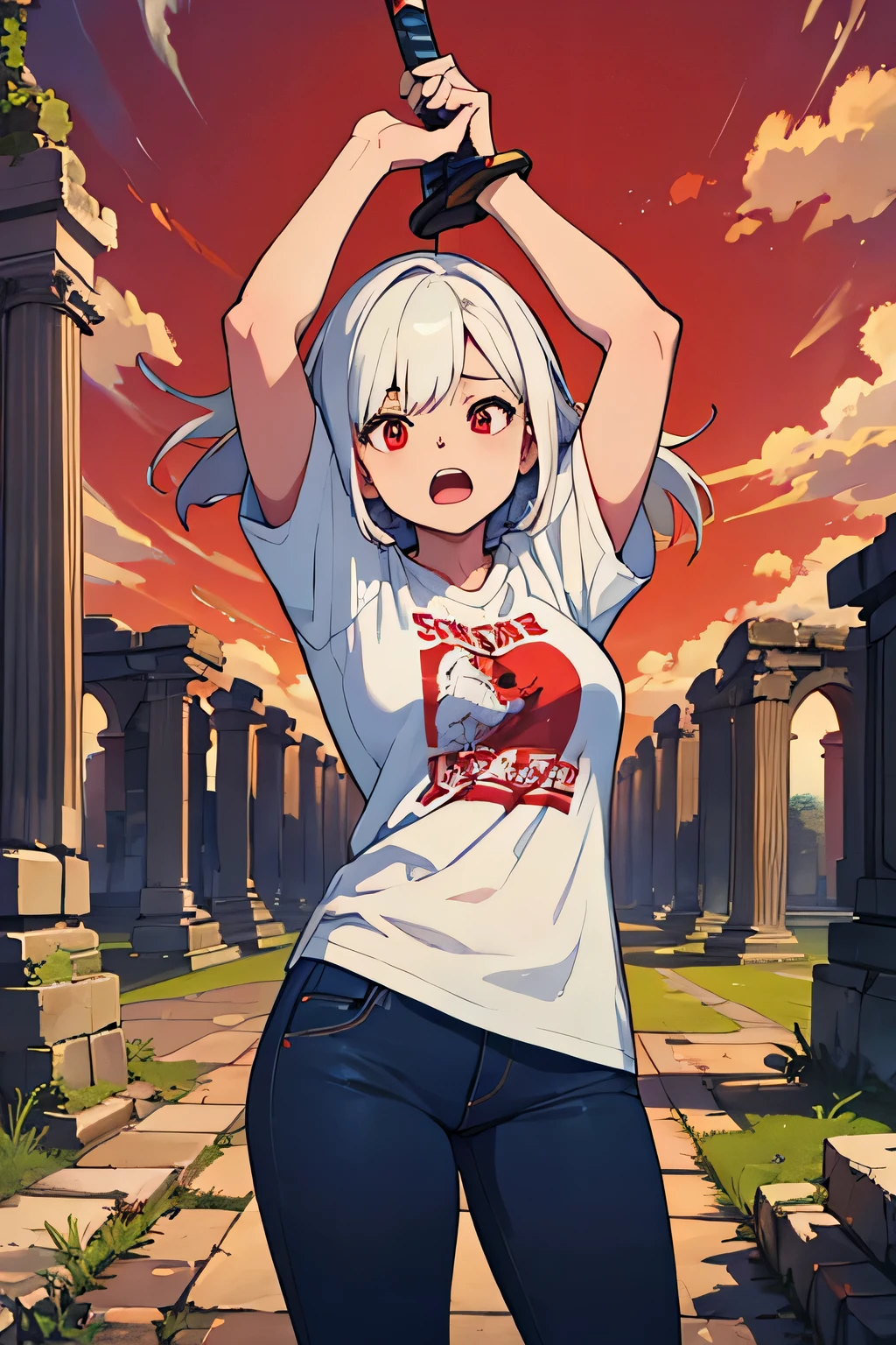 animation with red surroundings、high image quality、high resolution、The fat old lady is pushing her sword up into the sky、white t-shirt、jeans、Ancient Ruins、standing on top of the magic circle
