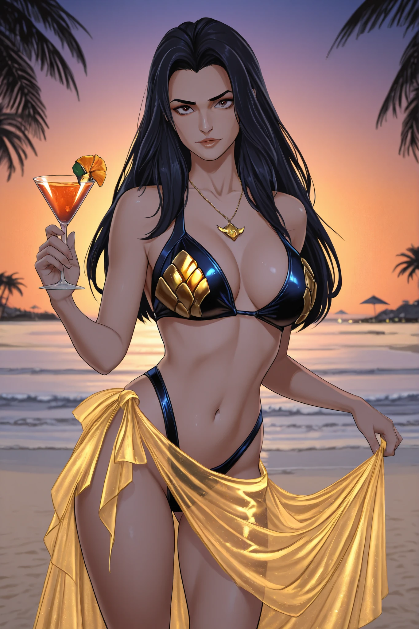hanabi, long black hair, Ultra High Resolution, better quality, professional photograph, lady in neon swimsuit, Posing elegantly, premium cocktail glass with edible pearls, golden shell necklace, floating silk sarong, exclusive private beach, palm trees decorated with lights, spectacular sunset, coastal VIP atmosphere