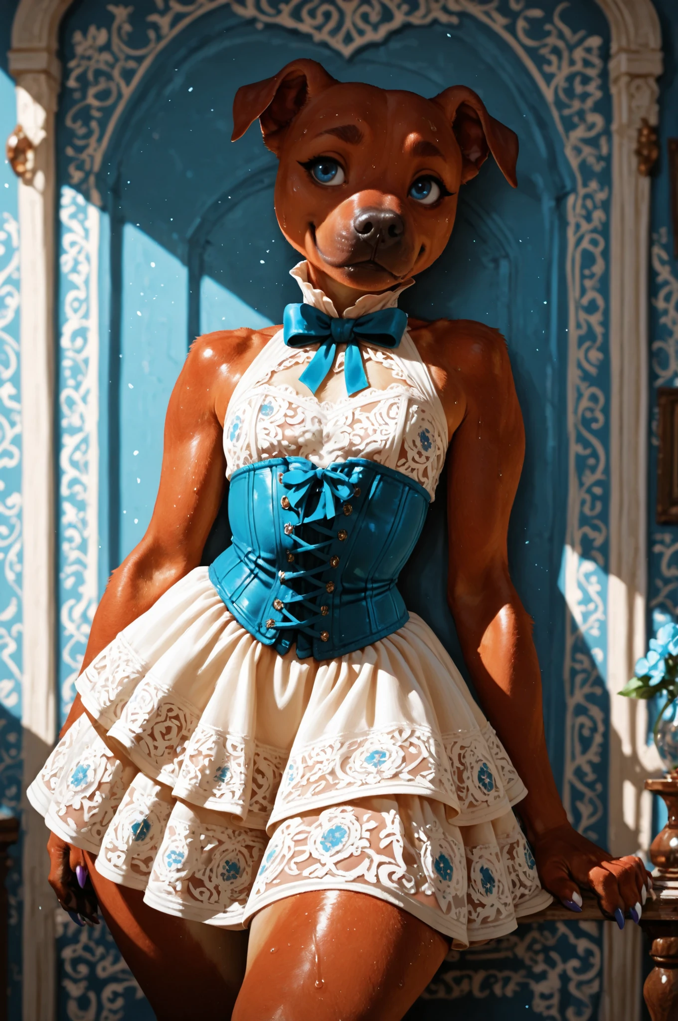 embedding:Smooth_Quality, highres, masterpiece, creative, amazing lighting, magical, fantasy, depth of field, rule of thirds, off-center. dynamic high angle, anime style, source:anime, top quality, very aesthetic, vivid, bloom, portrai, a (tired anthro pitbull girl), nerdy face, detailed eyes, blue eyes, petite, plump, thick thighs, curvy body, red brown fur, soft fur, sweaty, blue, smile, corset dress, courtly dress, short dress, layered dress, ribbons, white patterns on dress, (victorian style), multicolored nails, claws, tight dress, sleeveless, sexy, bedroom
