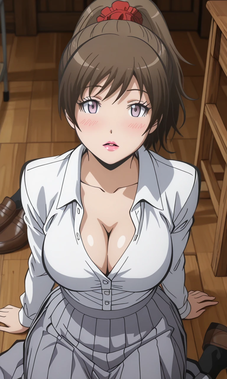(Best Quality, masutepiece, High resolution, anime screen cap, anime colours), Brown hair, Yellow eyes, Yuriko Aoki, Embarrassed look:1.3, (large full ???????:1.5), (Thin fabric, Men's Big White Shirt:1.8, no-bra:1.5), The shirt doesn't fit, Slimed, Lower your arms, squeezing ???????:1.5, Upper body, Bedrooms, (Perfect ???????, perfect detailed body, Eyes and hair in beautiful detail, Beautiful ??????? and skin),
