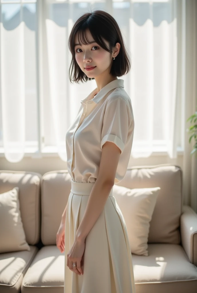 A close up of a woman in a white shirt and skirt - SeaArt AI