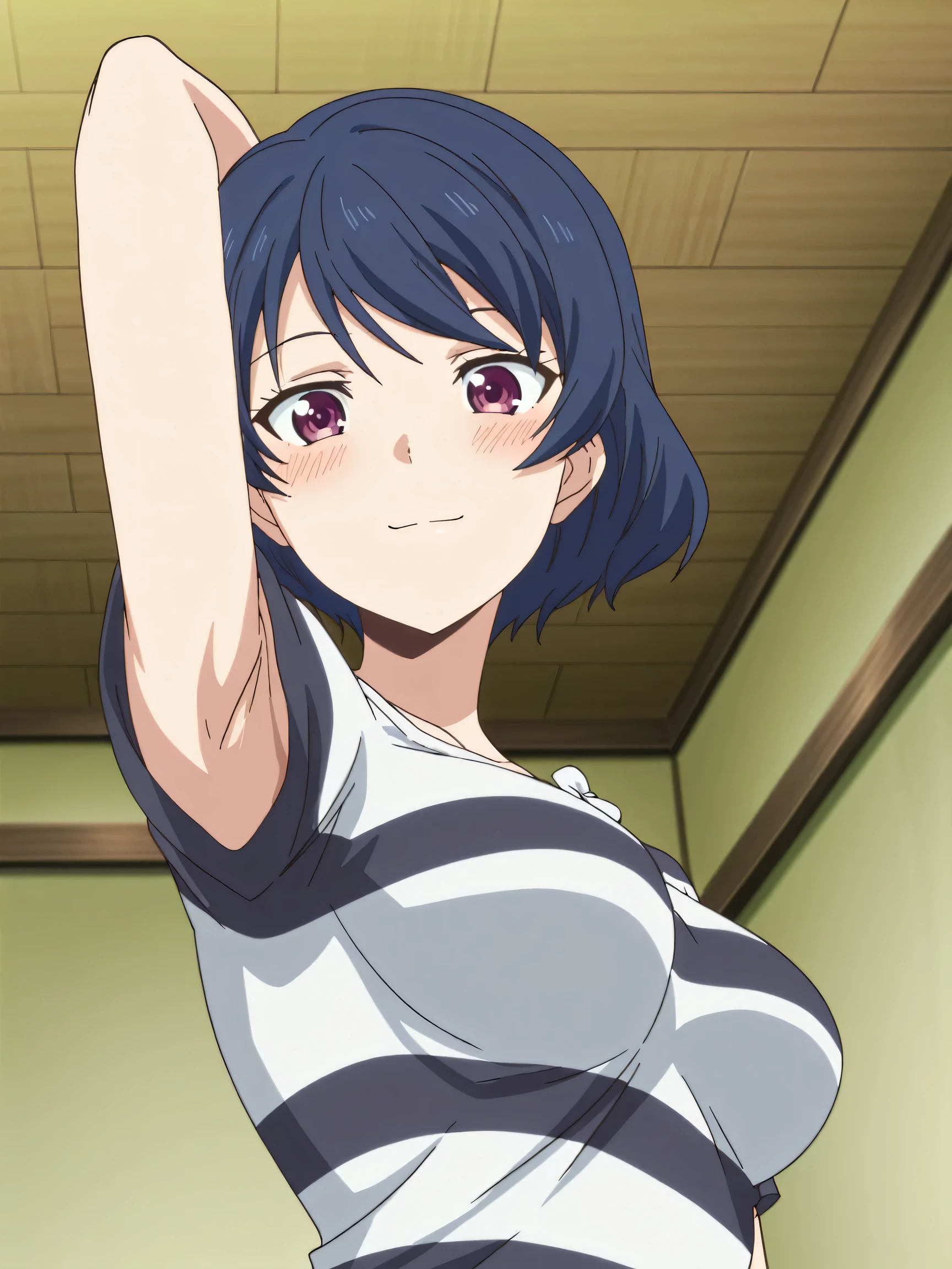 masterpiece, best quality, amazing quality, anime screencap, anime coloring, 1girl, solo, tachibana rui, , short hair, blue hair, choppy bangs, purple eyes, striped shirt, white bow, short sleeves, arms, arm behind head, armpit, armpit focus, head towards viewer, looking at viewer, light smile, blush, closed mouth, indoors, from side, from below