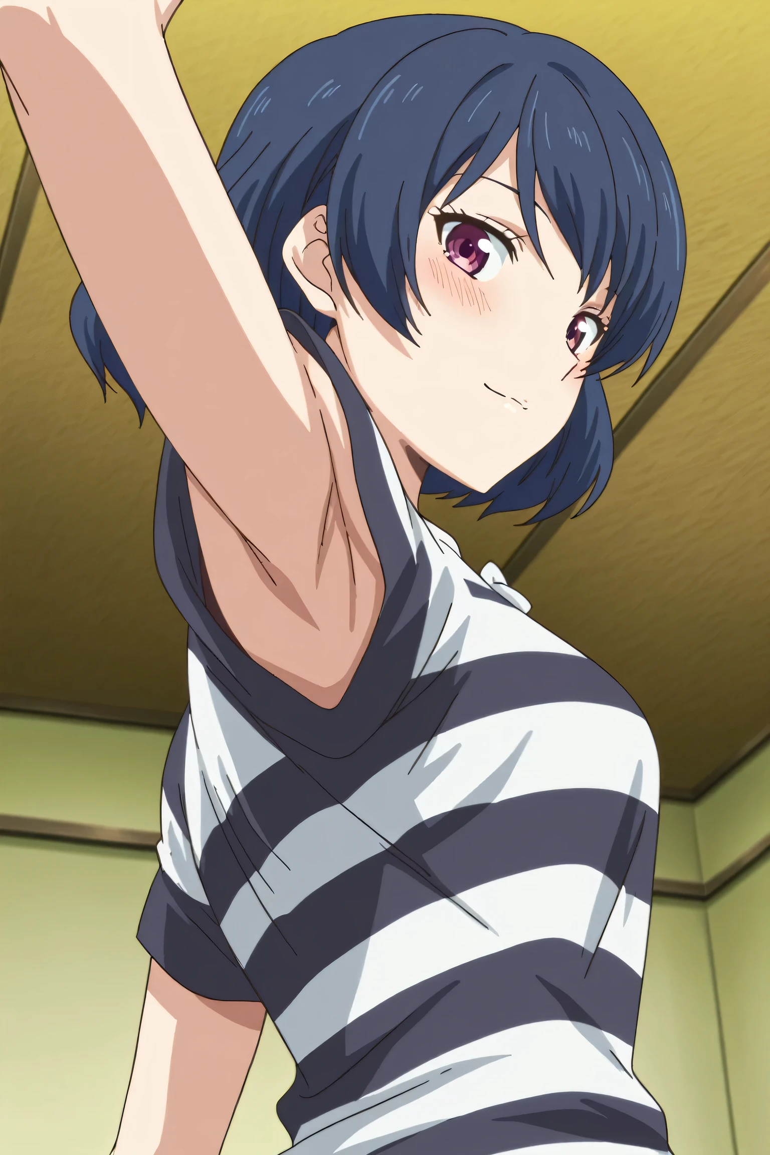 masterpiece, best quality, amazing quality, anime screencap, anime coloring, 1girl, solo, tachibana rui, , short hair, blue hair, choppy bangs, purple eyes, striped shirt, white bow, short sleeves, arms, arm up, raised arm, armpit, armpit focus, head towards viewer, looking at viewer, light smile, blush, closed mouth, indoors, from side, from below, (:1.2)