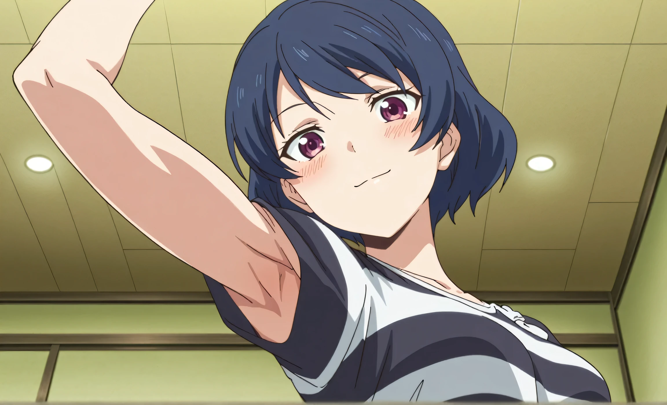 masterpiece, best quality, amazing quality, anime screencap, anime coloring, 1girl, solo, tachibana rui, , short hair, blue hair, choppy bangs, purple eyes, striped shirt, white bow, short sleeves, arms, arm up, raised arm, armpit, armpit focus, head towards viewer, looking at viewer, light smile, blush, closed mouth, indoors, from side, from below, flexing biceps, skinny