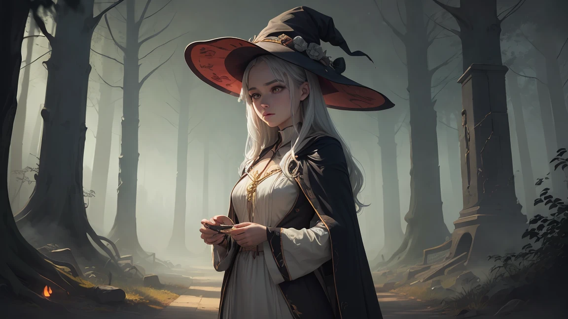 In a fantasy fairytale world，A chicly dressed witch appears like a fairy。She wears a gorgeous black cloak，Wear a golden guardian veil that grabs magic，Holding a magic staff that was as good as a orchid，Glamorously wander the line between fantasy and reality。