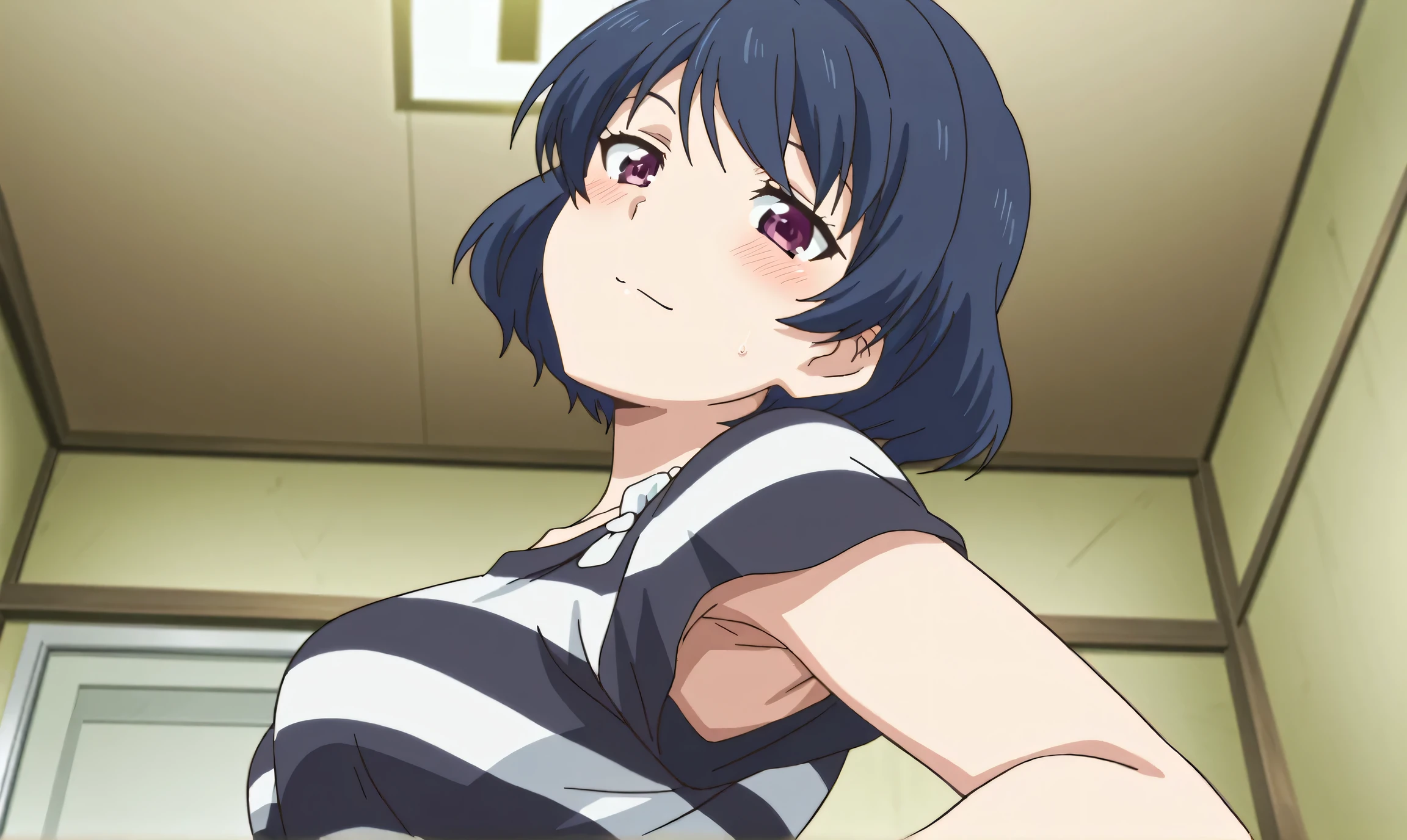 masterpiece, best quality, amazing quality, anime screencap, anime coloring, 1girl, solo, tachibana rui, , short hair, blue hair, choppy bangs, purple eyes, striped shirt, white bow, short sleeves, arms, armpit, armpit focus, head towards viewer, looking at viewer, light smile, blush, closed mouth, indoors, from side, from below