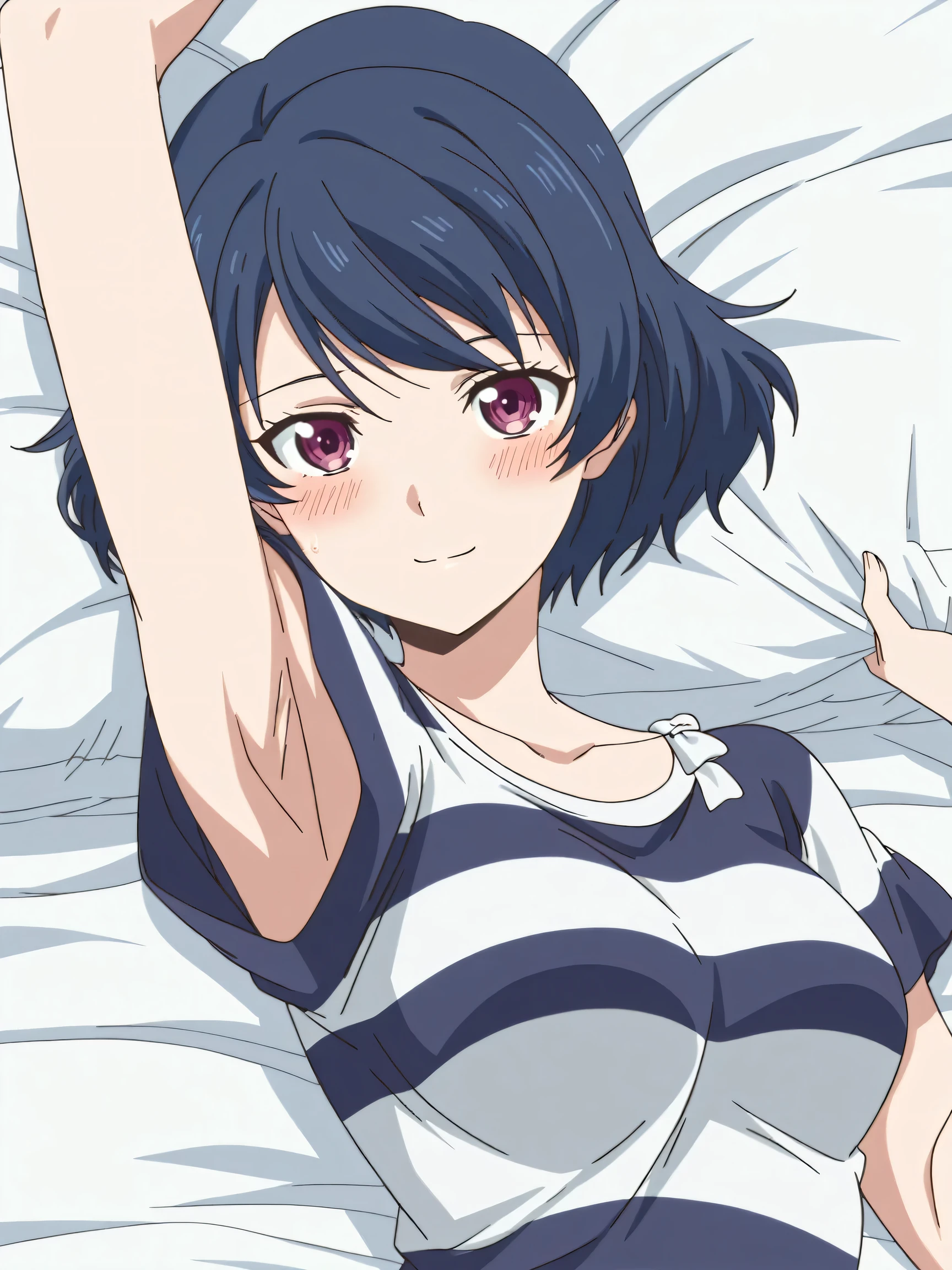 masterpiece, best quality, amazing quality, anime screencap, anime coloring, 1girl, solo, tachibana rui, , short hair, blue hair, choppy bangs, purple eyes, striped shirt, white bow, short sleeves, arms, arm up, raised arm, armpit, armpit focus, head towards viewer, looking at viewer, light smile, blush, closed mouth, lying in bed