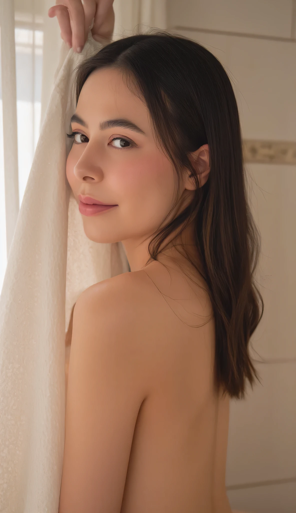 Best Quality、masterpiece、a woman's back. She pulls up her wet hair、wet skin at the shower. Partially covered by the curtain. She is turn her head to the camera. Glance to the camera. Full body. eyes. Sensual happy stare. The light in the room is soft and quiet. 4K HD. .