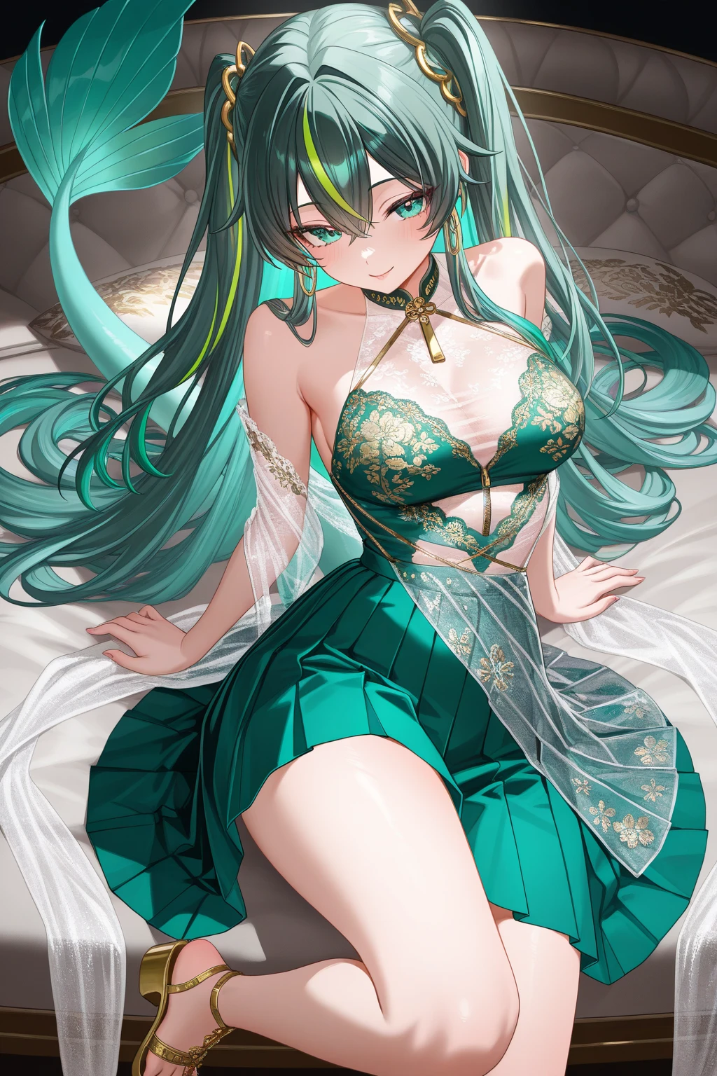 （Enrich the picture，Masterpiece level quality）Beautiful 8K CG artwork，Goddess-like posture，Kneeling exercise，Slim and soft，Translucent skin，Green hair、The beauty of extra-long hair, Super Long Straight Hair，The skin is fair and juicy，Big JK Uniform，Perspective Part 1.2x enhanced silhouette effect，Exquisite transparent blues pattern in pajamas，The details are intricate and exquisite，The background is slightly blurred，Charming and  leg seduction，Drool，Extra-large big breasts，Blush，Japan goddess，Perfect body slim curves，