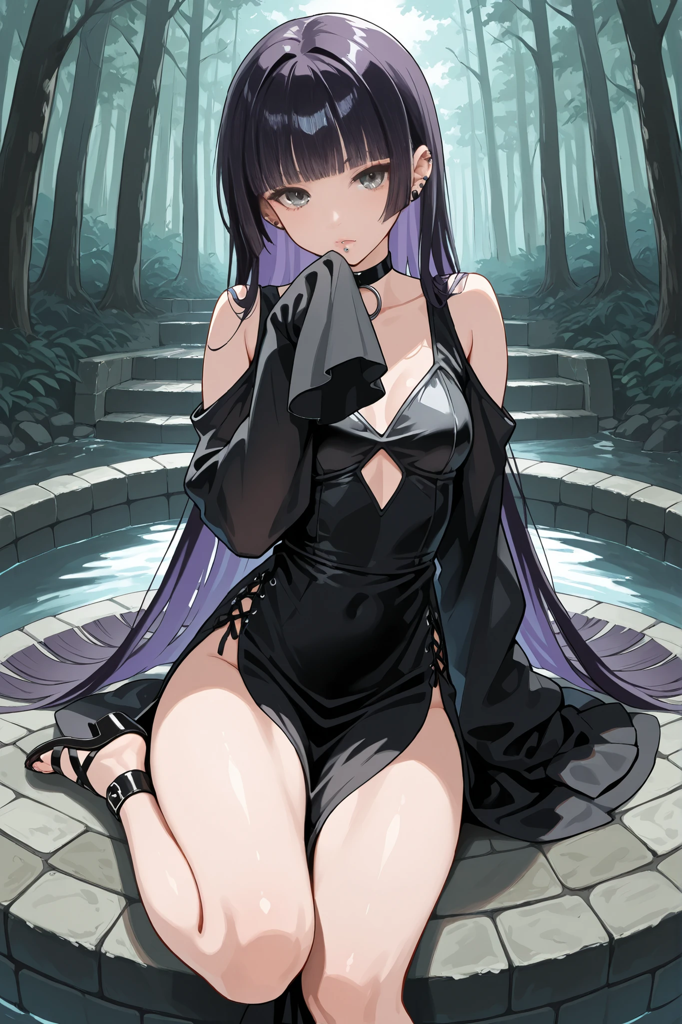 bare shoulders, black choker, black dress, black sleeves, choker, clothing cutout, detached sleeves, dress, gothic, shoulder cutout, sleeves past fingers, sleeves past wrists, very long sleeves,,pasan, black hair, blunt bangs, blunt ends, chin piercing, colored inner hair, ear piercing, grey eyes, hime cut, long hair, medium bangs, multicolored hair, piercing, purple hair,,Beautiful, stunning, sensual, sexy, extremely provocative clothes, sexy, masterpiece, detailed, well-designed hands, well-designed feet, detailed hands, detailed feet, well-designed body, detailed clothes, well-designed face, detailed face, well-designed eyes, well-detailed eyes, focus on sensuality, sexy, vulgar