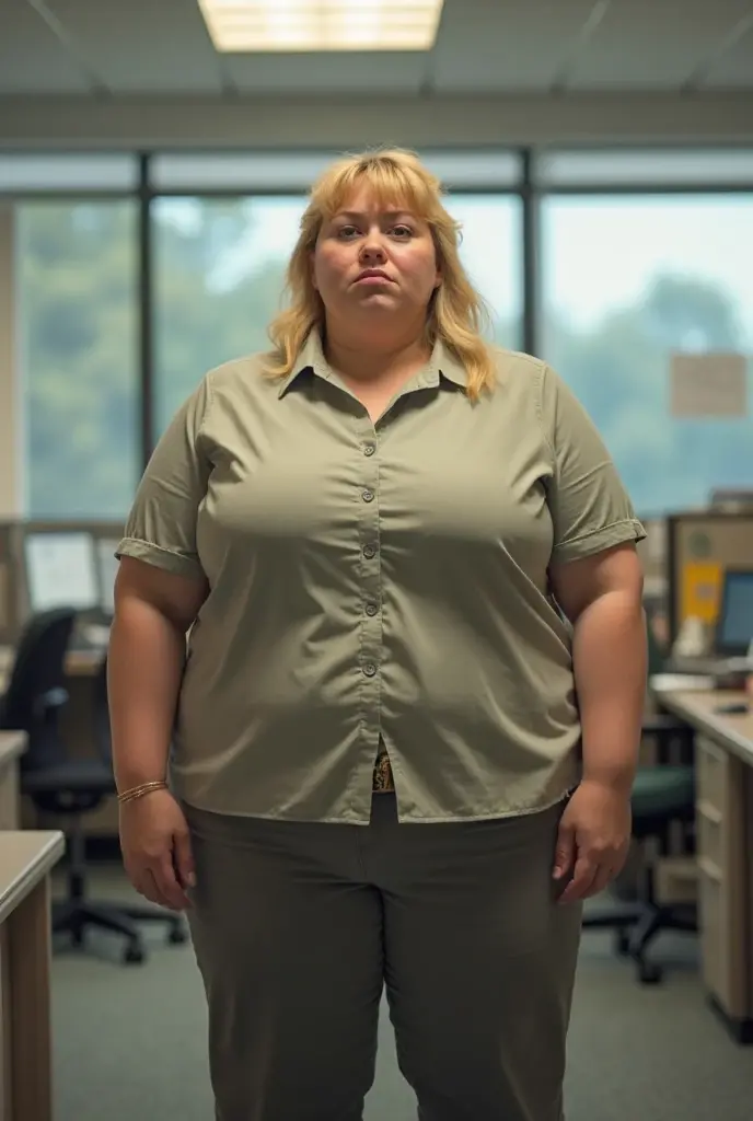 50 years old, A woman with short blonde haire, square cut Real women, she has an hourglass figure, she has a surreal, hentai-like physique, with exaggerated curves that showcase large  and voluminous , she is verry slim

Cadre supérieur
Bureau moderne
Banane
Manger
Bouche pleine
Regard énervé
Concentration
Documents éparpillés
Stress
Écran d’ordinateur
Pause déjeuner