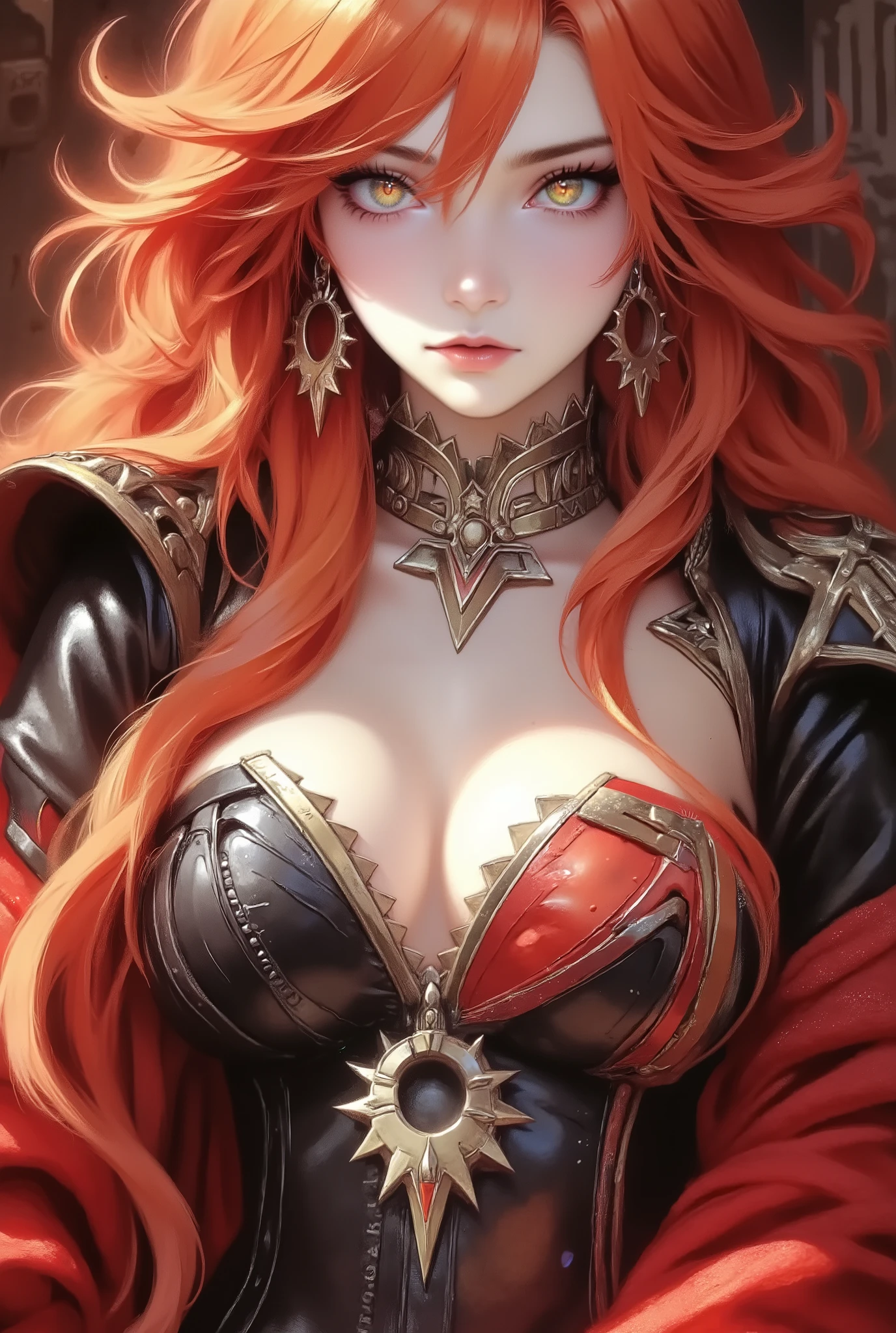 A painting painted in the style of Raphael, a beautiful Aztec woman with voluptuous , dressed in a black leather clothes, long red hair, orange eyes, Mavuika (Genshin Impact), Mossa Style, (ultra-high detail:1.2), Masterpiece, Best Quality, Ultra-detailed, Cinematic lighting, 8K, delicate features, Highest Quality, (Solo Focus), (extremly intricate:1.3)