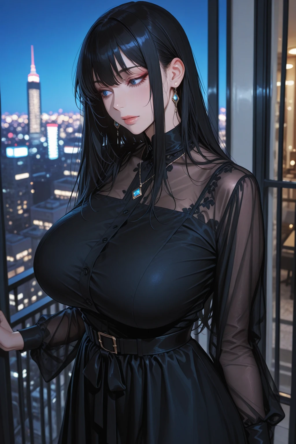 Highest Quality、masterpiece、huge breasts、shallow depth of field、HDR effects 、(odd-eye:1.3)、A scene where a beautiful woman looks down at the city lights while shaking her hair in the night breeze on the balcony of a high-rise apartment、Her Eyes Shine Like Jewels the Moment You Look Back、The outfit is an elegant long black dress、hair is upstyled、Extremely Beautiful