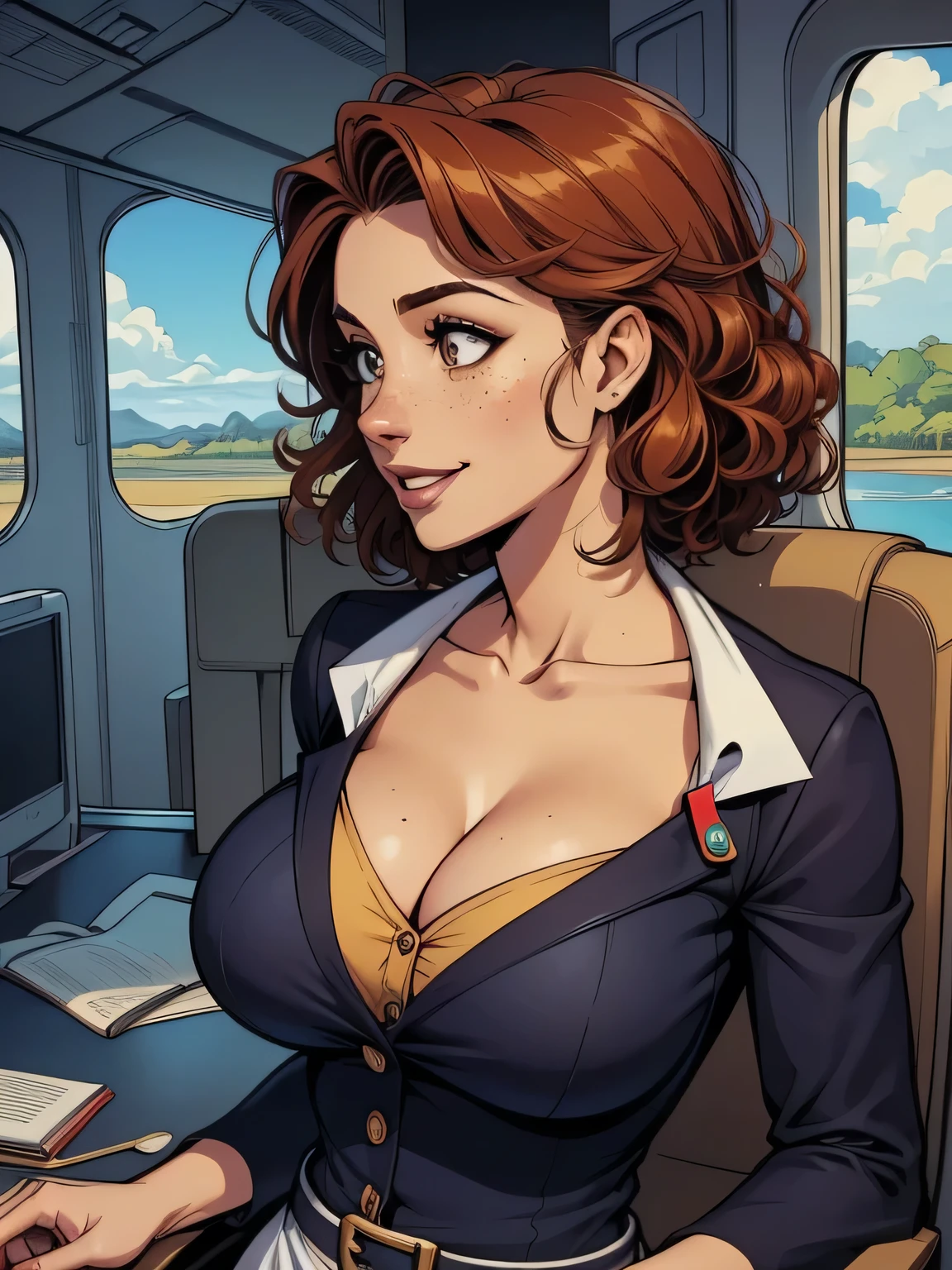 ( absurdo, high definition, ultra fino,  be careful with your hand ) Close-up view of a thin and athletic woman (flight attendant), 25 anos, 16k (( high definition )), sorriso misterioso, olhar sedutor, olhos castanhos, flight attendant vestindo um blazer azul (( with buttons, gola italiana, mangas curtas )) Camiseta branca (( decote em V)), cintura fina, cinto preto, arms at the sides of the body, pele branca, wavy red hair (( waist-length and curly )), She is alone inside a plane (( upper body, side view )), with freckles on the neck and breasts, (( big round breasts, suaves )), (( Well defined collarbone)). estilo marvel (( QG )), Interior of the plane in the background.