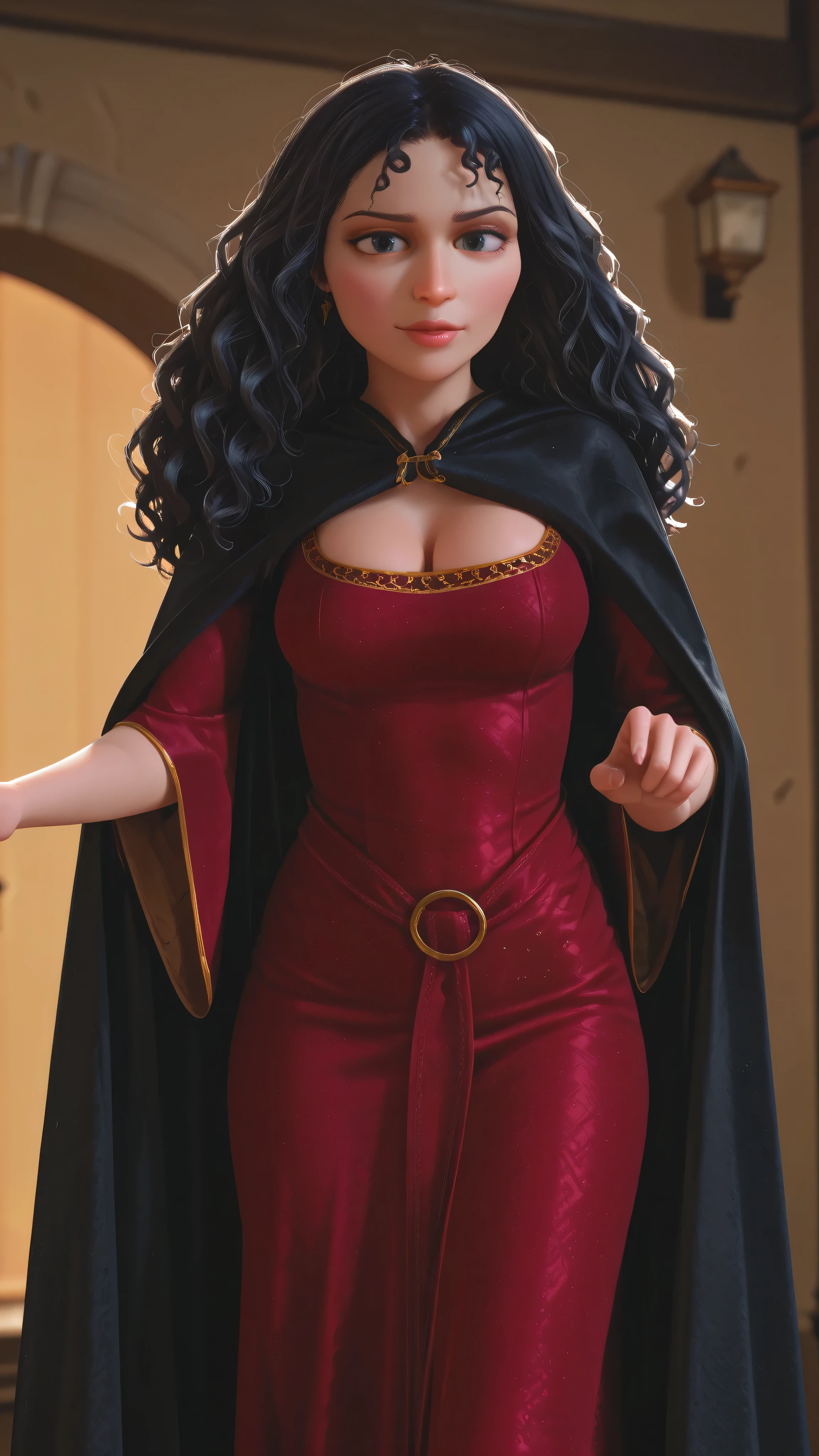 mmothergothelhood, 1girl, red dress, black hair, long hair, breasts, cape, cleavage, cloak, curly hair, front view