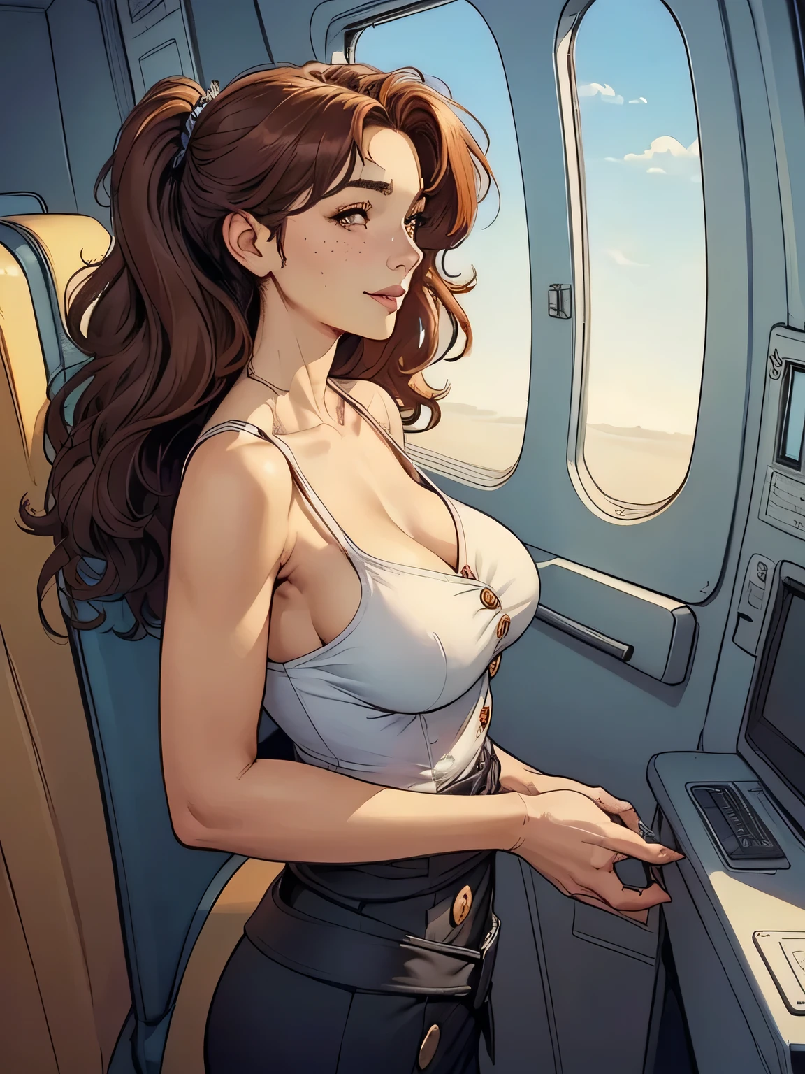 ( linhas absurdas, high definition, ultra fino,  be careful with your hand ) Close-up view of a thin and athletic woman (flight attendant), 25 anos, 16k (( high definition )), sorriso misterioso, olhar sedutor (( looking at the spectator )), olhos castanhos, flight attendant usando um blazer azul (( with buttons, gola italiana, mangas curtas )) Camiseta azul-claro (( decote em V )), cintura fina, cinto preto, arms on the sides of her body, pele branca, wavy red hair up to the waist, She is alone inside a plane (( upper body, From waist to head, side view 3.4 )), with freckles on the neck and breasts, (( big round breasts 3.4 )), (( Well defined collarbone )). estilo cartoon (( QG )), Interior of the plane in the background.