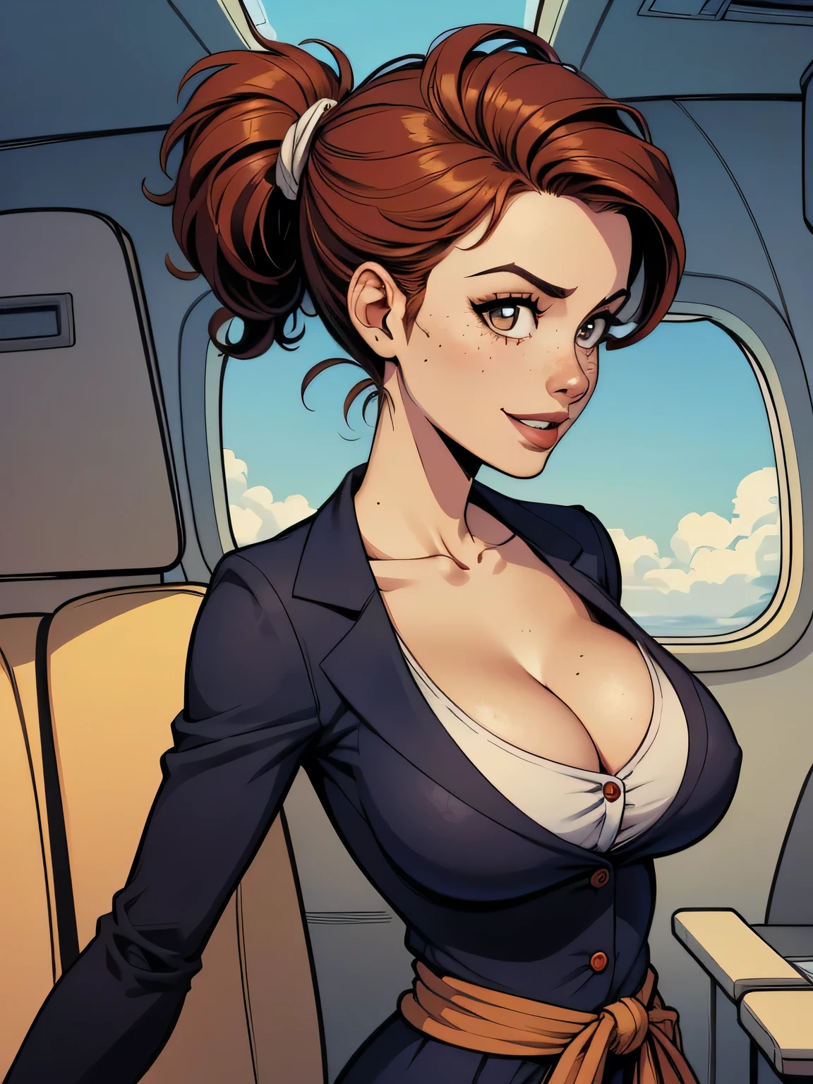 ( linhas absurdas, high definition, ultra fino,  be careful with your hand ) Close-up view of a thin and athletic woman (flight attendant), 25 anos, 16k (( high definition )), sorriso misterioso, olhar sedutor (( looking at the spectator )), olhos castanhos, flight attendant usando um blazer azul (( with buttons, gola italiana, mangas curtas )) Camiseta branca (( decote em V )), cintura fina, cinto preto, arms on the sides of her body, pele branca, wavy red hair (( up to the waist )), She is alone inside a plane (( upper body, From waist to head, side view 3.4 )), with freckles on the neck and breasts, (( big round breasts 3.4 )), (( Well defined collarbone )). estilo cartoon (( QG )), Interior of the plane in the background.