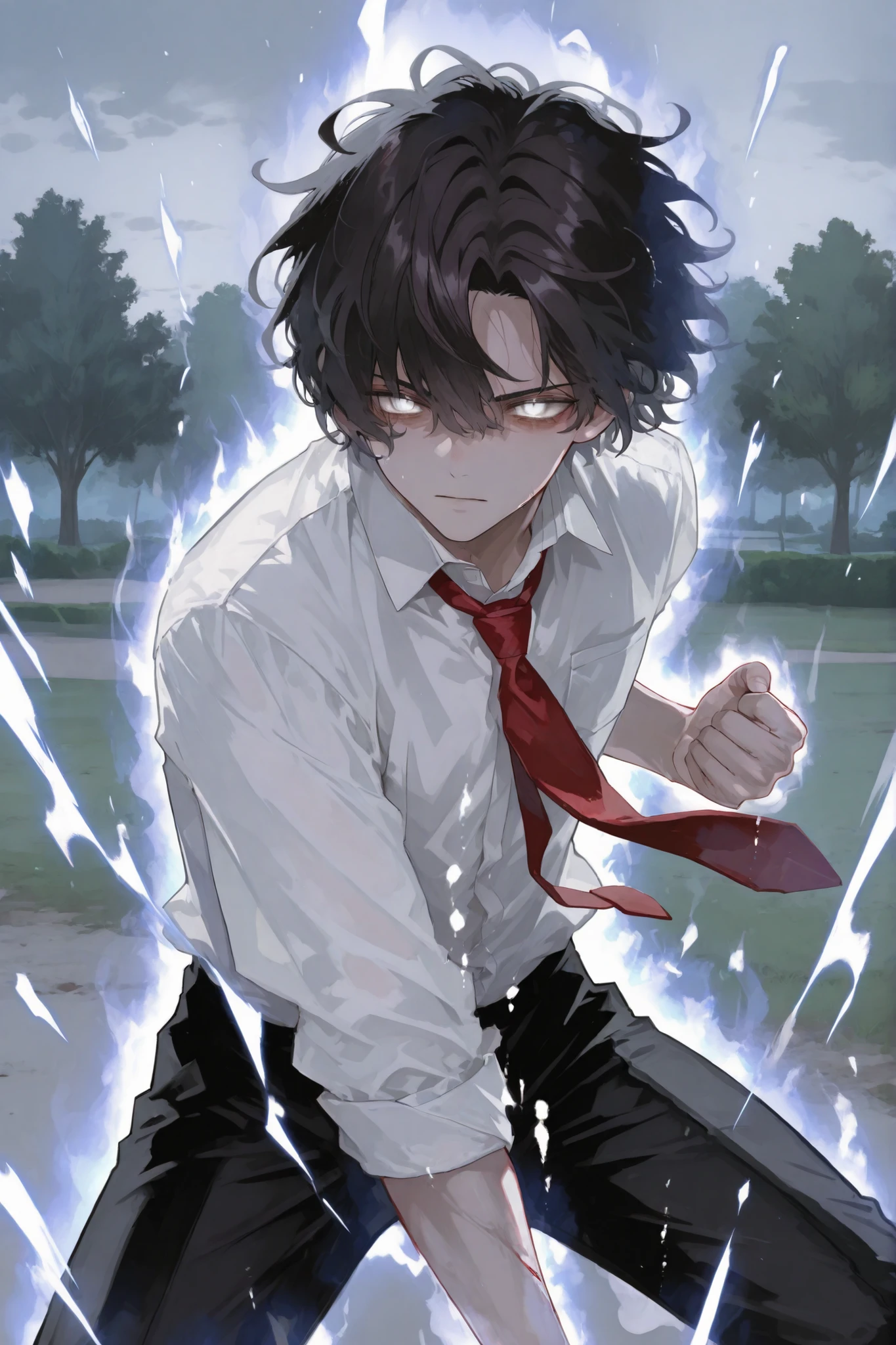 Male, white shirt, black pants, red tie, messy wavy hair, dark hair, black hair, short hair, white eyes, white aura, park landscape, white and blue aura, floating hair, fight stance, business man, bloody