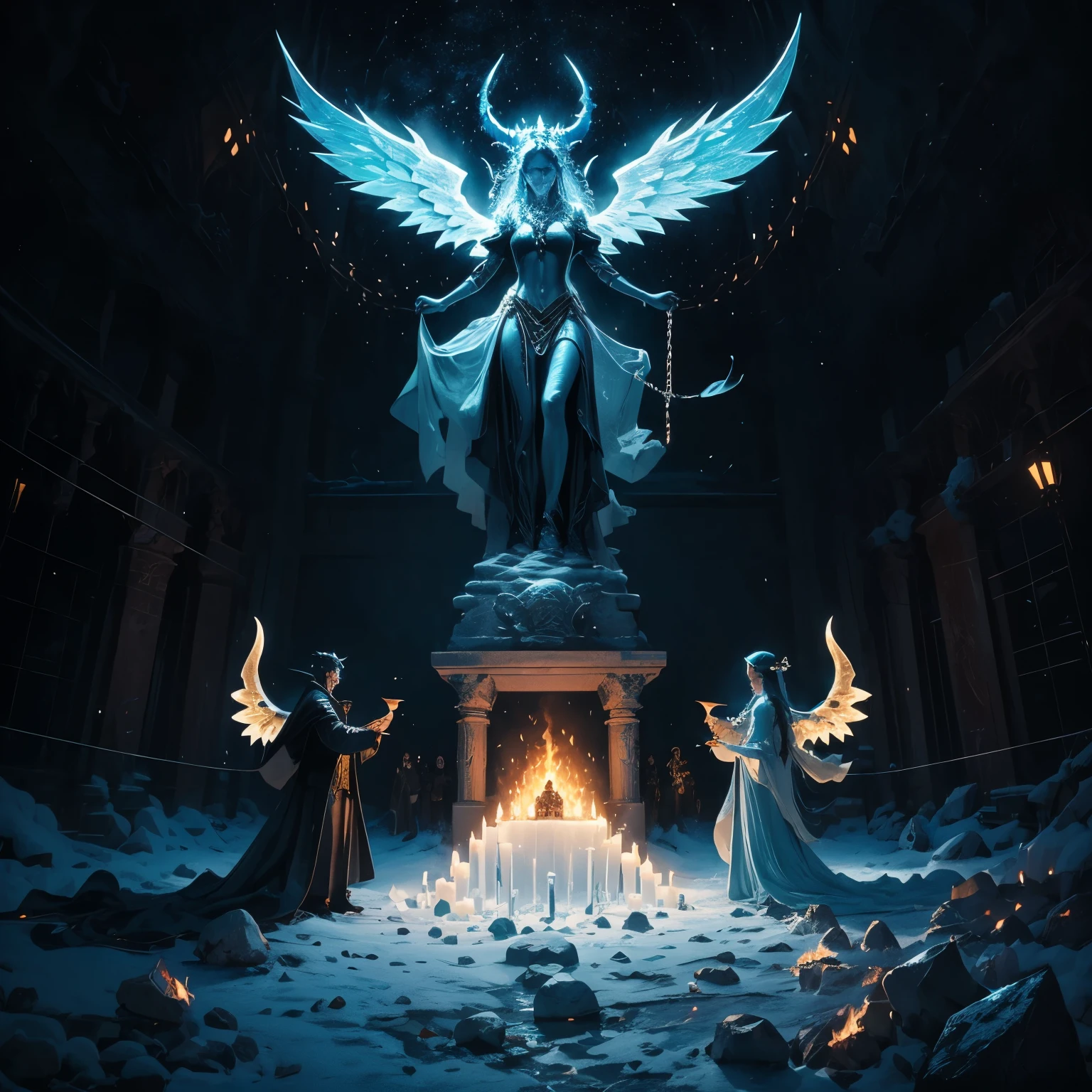 Ice Altar、Satan of Fire、Angel Man and Woman Chained Before、Superb demon fantasy、delicate depiction、BIG VIEW、full body view