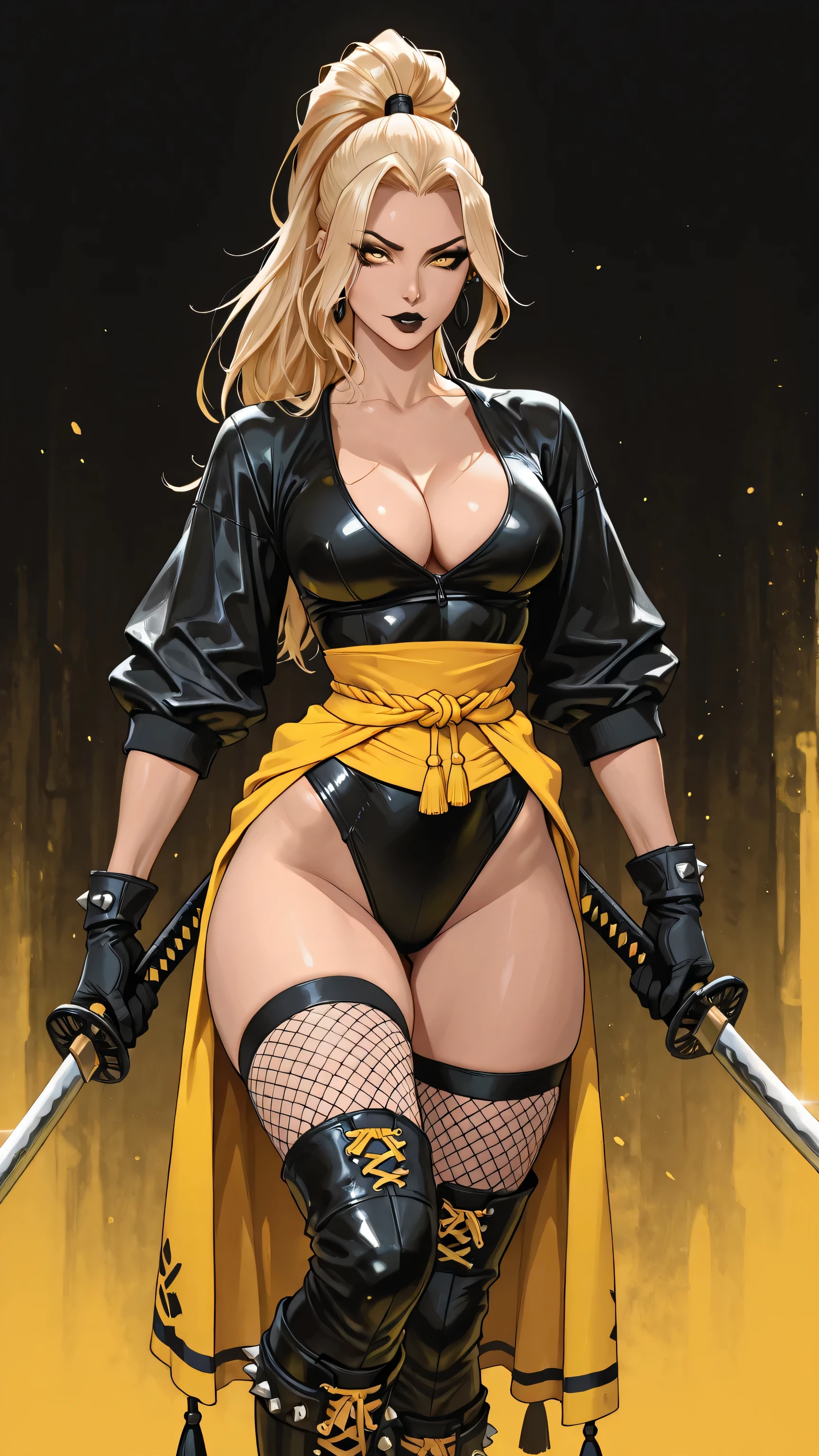 Create a female anime character with long blonde hair tied in a high ponytail, piercing yellow eyes with dark makeup, featuring a toned and athletic yet curvaceous body with a narrow waist, full bust, and strong legs. She wears a tight black leather outfit that hugs her figure, with a deep V-neck top exposing significant cleavage and a mesh overlay on the sleeves and upper torso, adding a seductive yet fierce edge. The outfit includes a high-cut design that accentuates her hips and thighs, paired with a wide yellow sash cinched tightly around her waist for contrast. Her attire is completed with thigh-high black fishnet stockings, black gloves with metallic studs on the knuckles, and knee-high black boots with yellow laces crisscrossing up the front. A katana with a tassel hangs from her waist, adding to her warrior aesthetic. Include a confident and dynamic pose, with vibrant yellow brushstroke details in the background, reflecting a detailed and lively art style.
