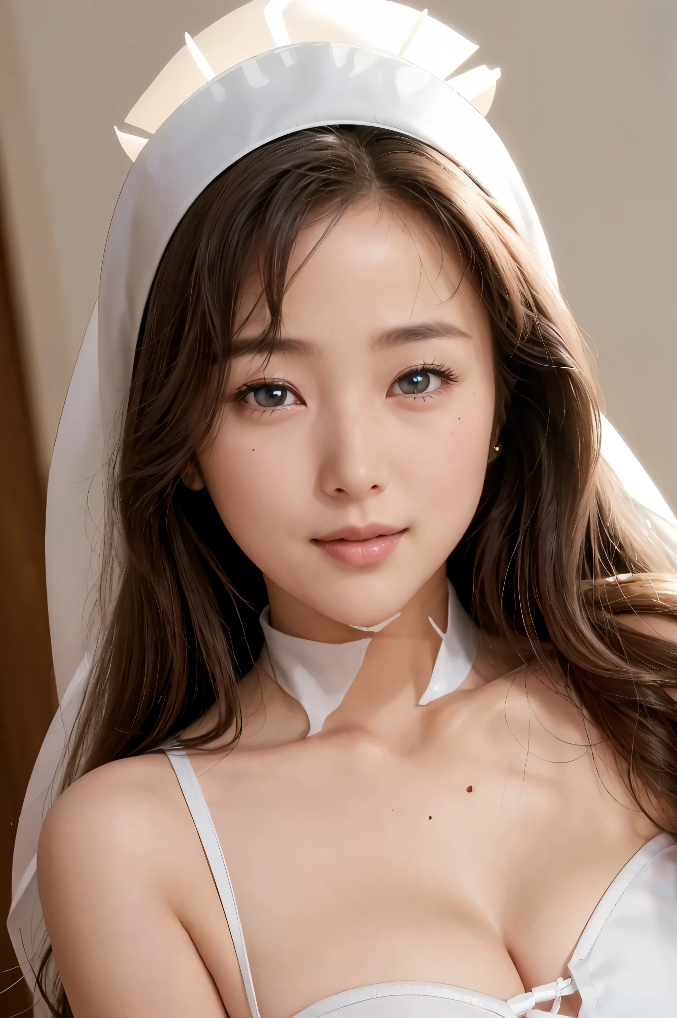 (Highest Quality, High Precision Selection, masterpiece:1.2), detailed display, detailed facial expressions 、 Closeup of one woman's face 、realistic:1.37,(perfect anatomy), Facial photo of a beautiful woman、(Portrait)、Nurse in a white coat、(Sexy nurse)、face straight ahead、beautiful woman smiling at the camera、(expression)、(looking at the camera)、Thin head headband 、beautiful skin,small breasts、(very big eyes)、big eyes,(glowing eyes:1.3)、beautiful skin 、beautiful lips、big eyes,short hair、 ,,( The background is a hospital :1.2)、