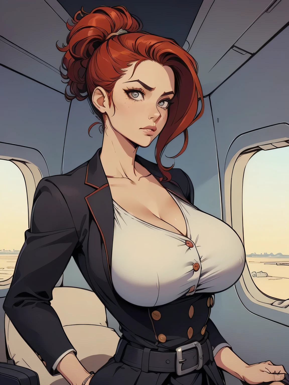 ( linhas absurdas, high definition, ultra fino,  be careful with your hand ) Close-up view of a thin and athletic woman (flight attendant), 25 anos, 16k (( high definition )), sorriso misterioso, olhar sedutor (( looking at the spectator )), olhos castanhos, flight attendant usando um blazer azul (( with buttons, gola italiana, mangas curtas )) About white t-shirt (( decote em V )), cintura fina, cinto preto, arms on the sides of her body, pele branca, wavy red hair (( up to the waist )), She is alone inside a plane (( upper body, From waist to head, side view 3.4 )), with freckles on the neck and breasts, (( medium and round breasts 3.4 )), (( Well defined collarbone )). estilo cartoon (( QG )), Interior of the plane in the background.