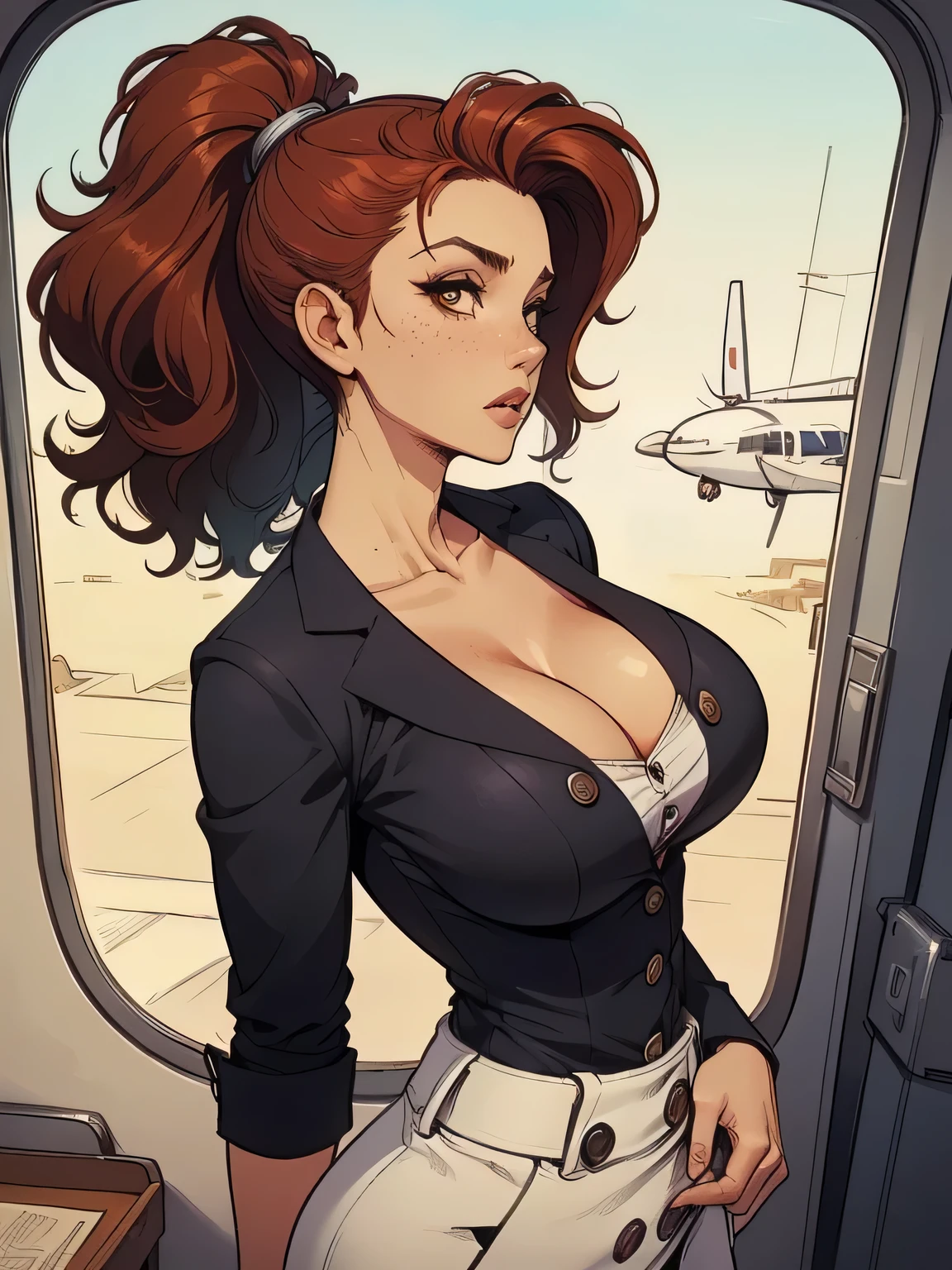 ( linhas absurdas, high definition, ultra fino,  be careful with your hand ) Close-up view of a thin and athletic woman (flight attendant), 25 anos, 16k (( high definition )),  sighing look, olhar sedutor (( looking at the spectator )), olhos castanhos, flight attendant usando um blazer azul (( with buttons, gola italiana, mangas curtas )) About white t-shirt (( decote em V )), cintura fina, cinto preto, arms on the sides of her body, pele branca, wavy red hair (( up to the waist )), She is alone inside a plane (( upper body, From waist to head, side view 3.4 )), with freckles on the neck and breasts, (( medium and round breasts 3.4 )), (( Well defined collarbone )). estilo cartoon (( QG )), Interior of the plane in the background.