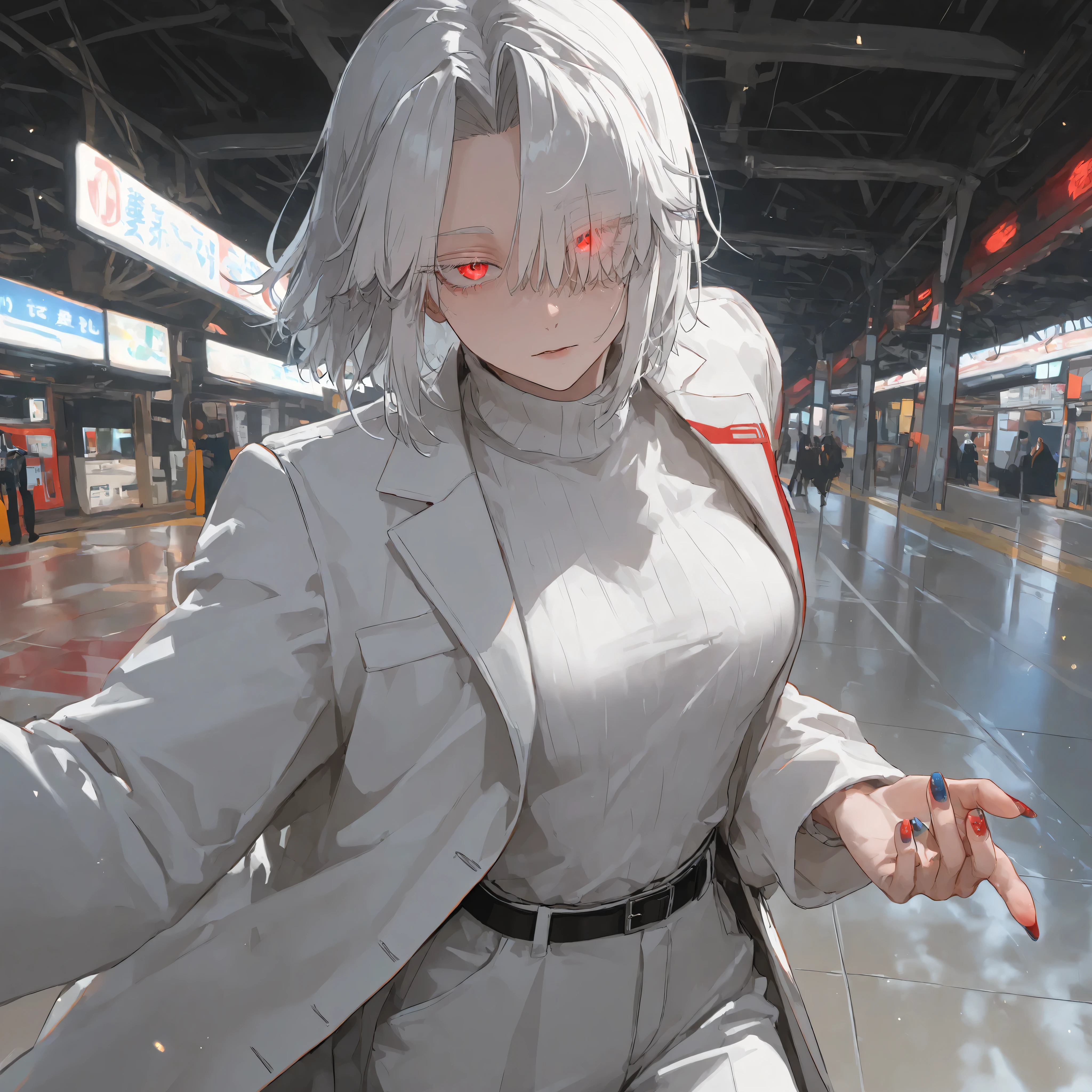 (masterpiece, best quality), amazing quality, absurdres, 8k, HDR, (very aesthetic), perfect anatomy, perfect hands, perfect eyes, gloss skin, female, 1woman, fair skin, snow-white hair, (middle-part:1.5), hair slightly over right eye, breathtaking eyes, emotionless expression, cold expression, stoic, slightly glowing eyes, detailed striking red eyes, long white eyelashes, tall, slender, super pretty, beautiful woman, white turtleneck, white pants, white overcoat, stylish, loose white jeans, dark belt, slim chiseled build, (Ikebukuro Station background, Toshima-ku, Tokyo:1.3), resplendent city lights, pose, (side angle), rim light, dynamic composition, cinematic, cinematic composition, cinematic lighting, (cinematic shadows) , (short hair styled in a middle-part1.2), (painted nails 1.2),